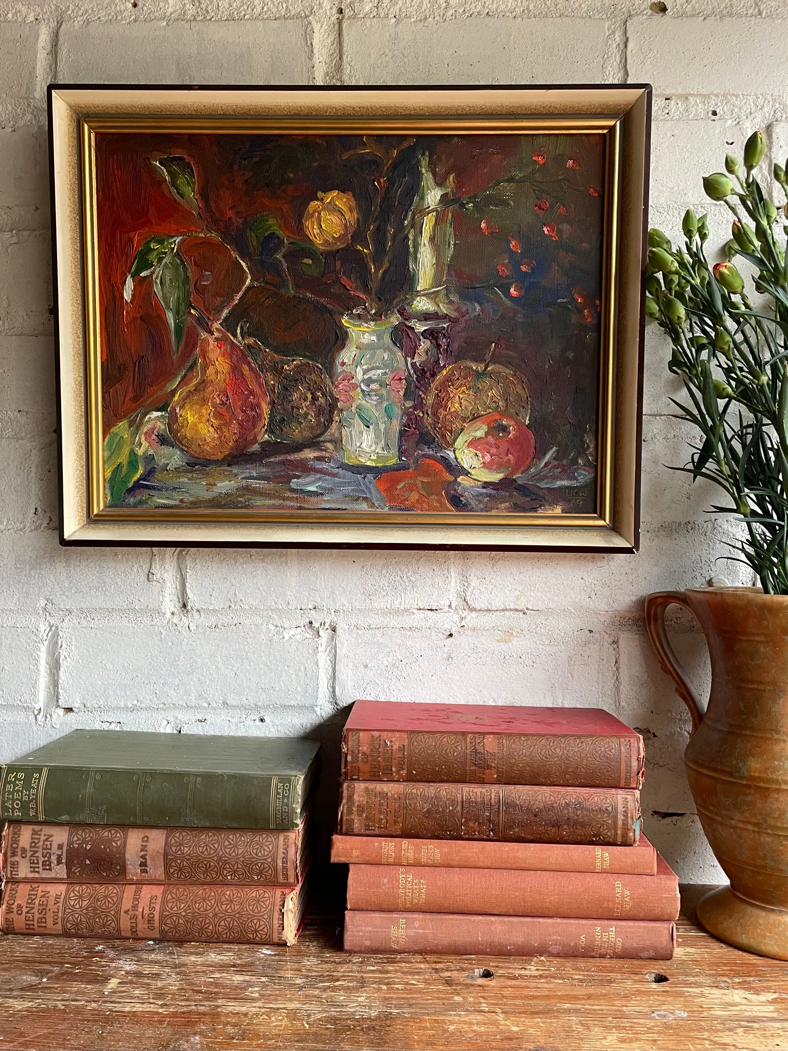 Floral & Fruit Still Life:  Signed & Dated Oil on Board