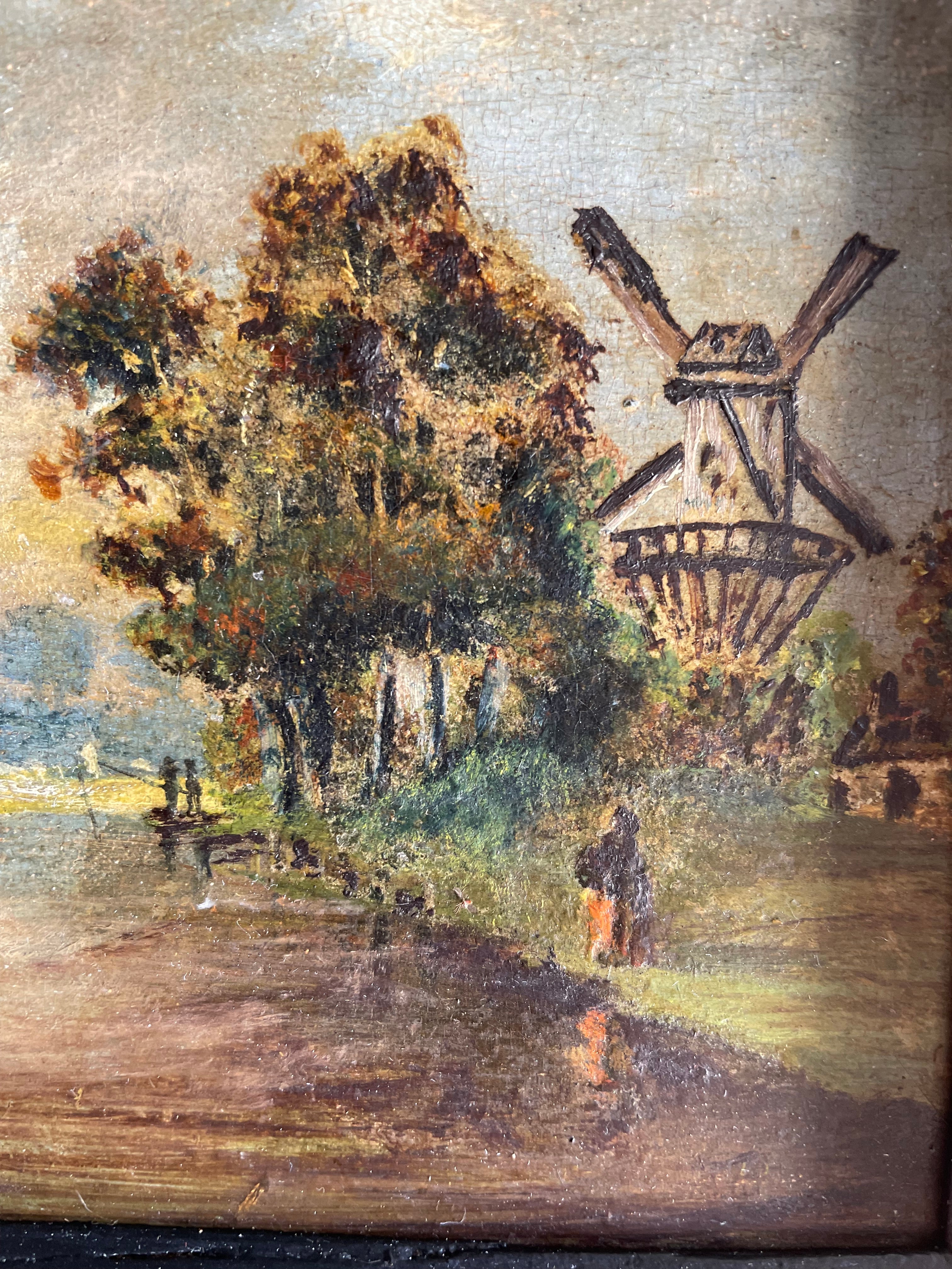 Small 19th Century Oil Painting on Wood with Windmill