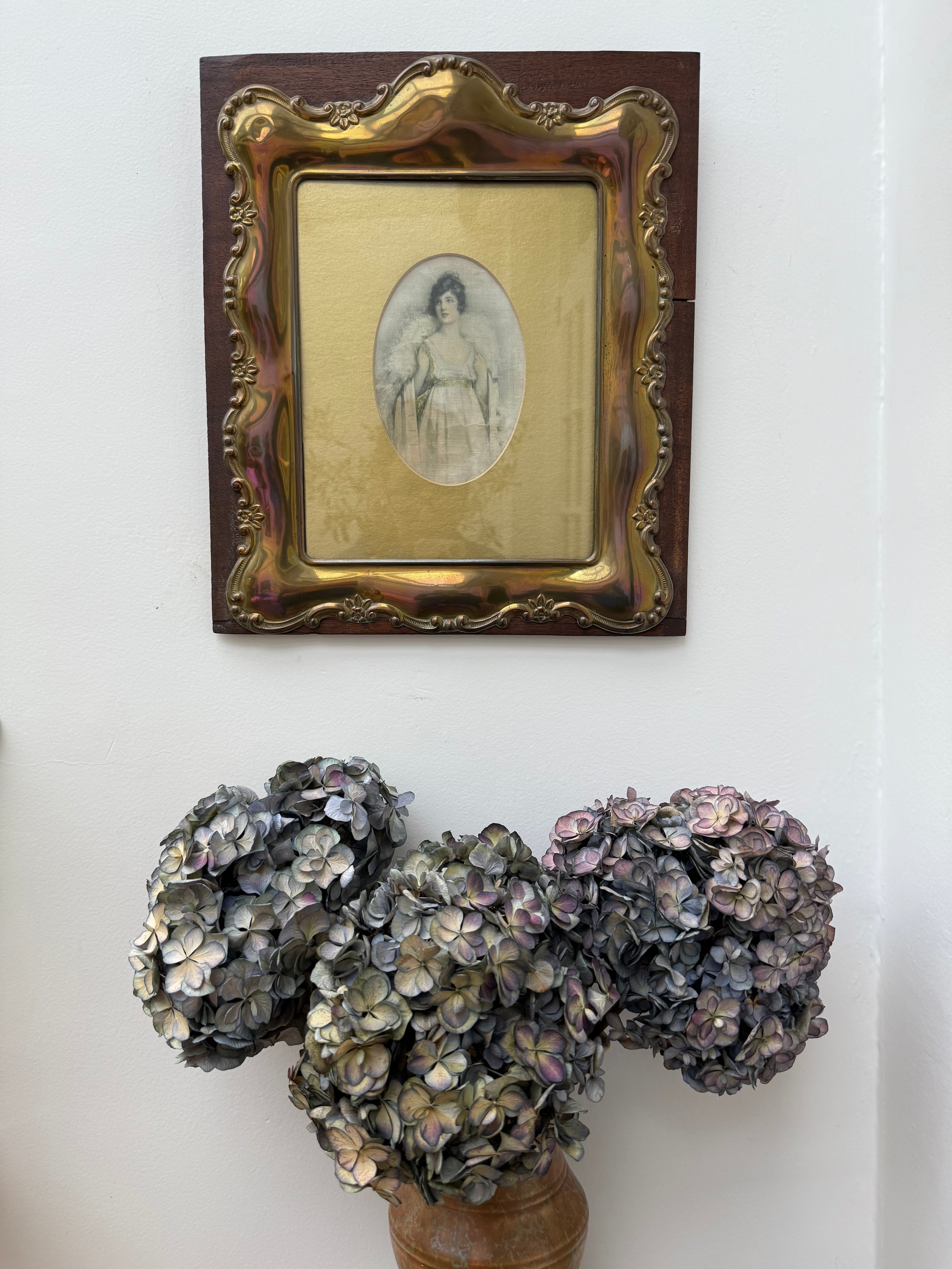 Circa 1910: Portrait Painting of a Lady on Silk with Gilt Metal & Oak Frame