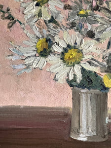 Daisies in a Silver Vase: Oil on Board