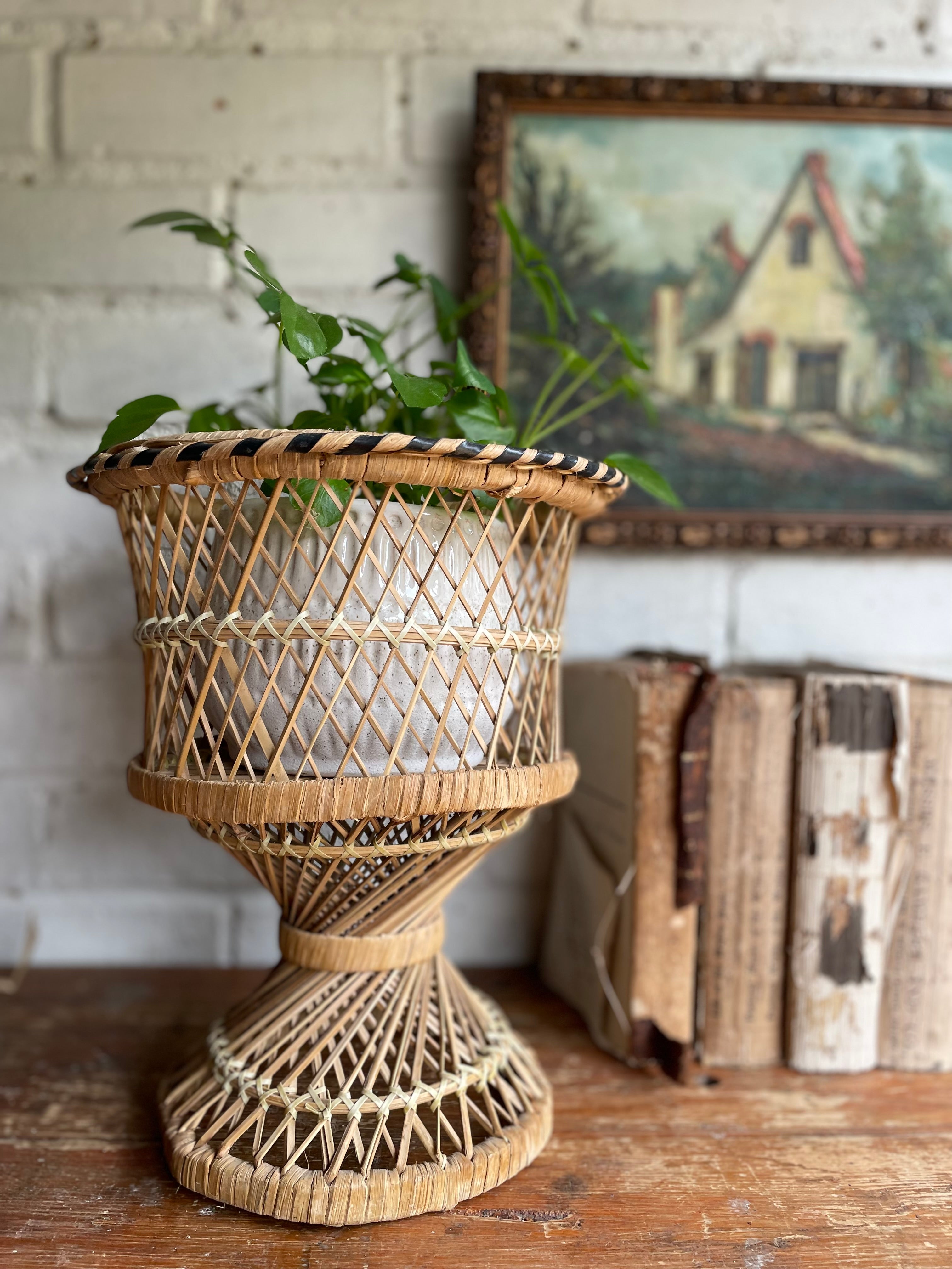woven plant basket stand Vintage Wicker Tabletop Plant Stand – Reclectic