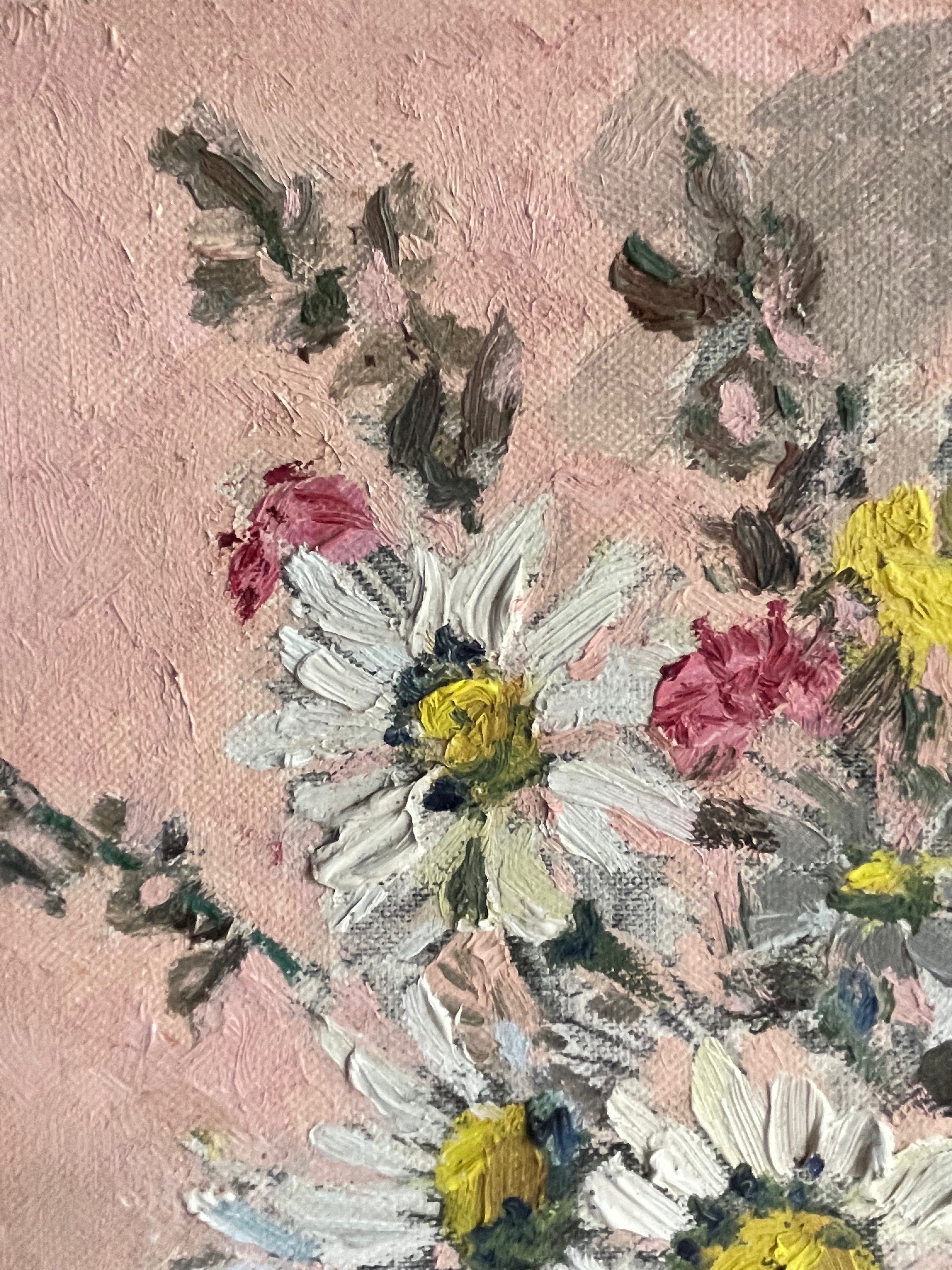 Daisies in a Silver Vase: Small Oil on Board