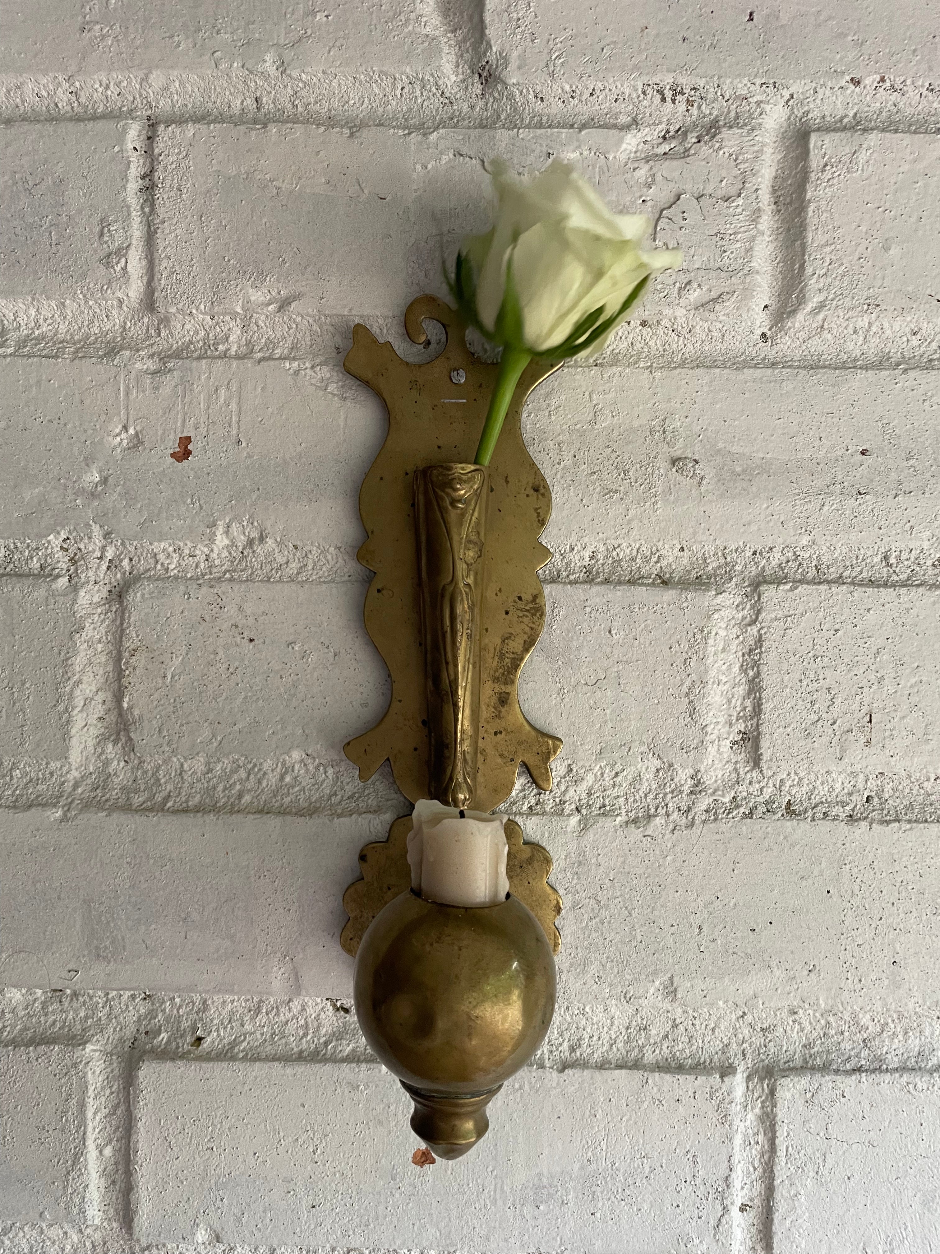 19th Century Brass Wall Hung Candleholder with Flower Posy
