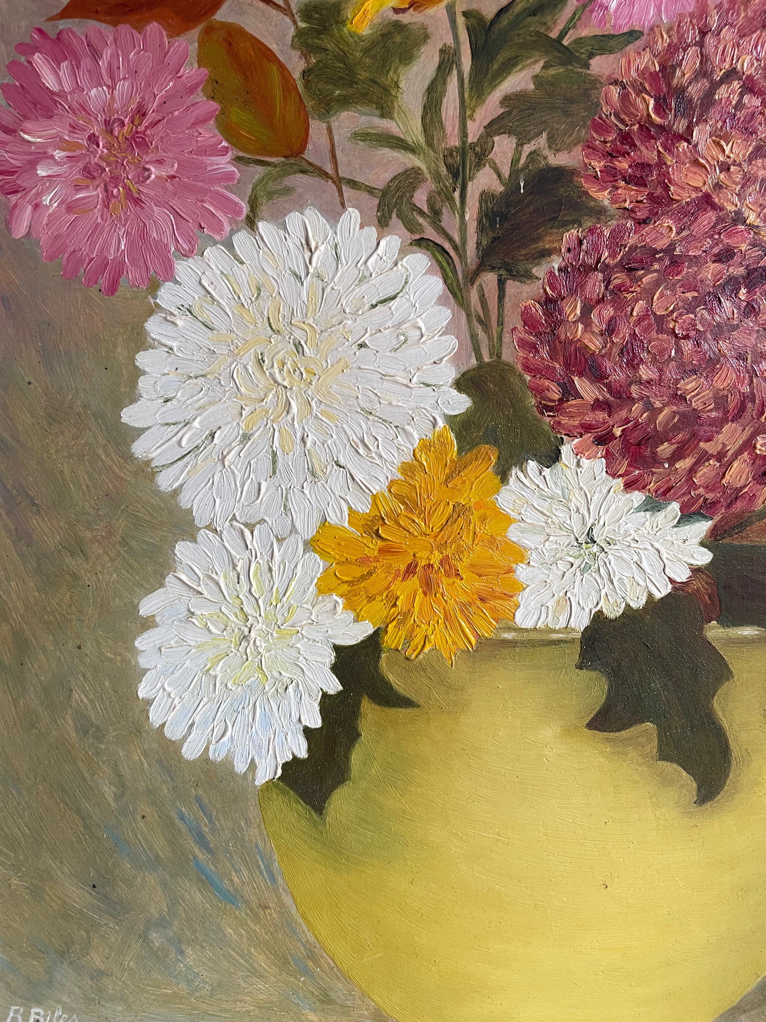 Dahlias: Signed Vintage Oil on Board