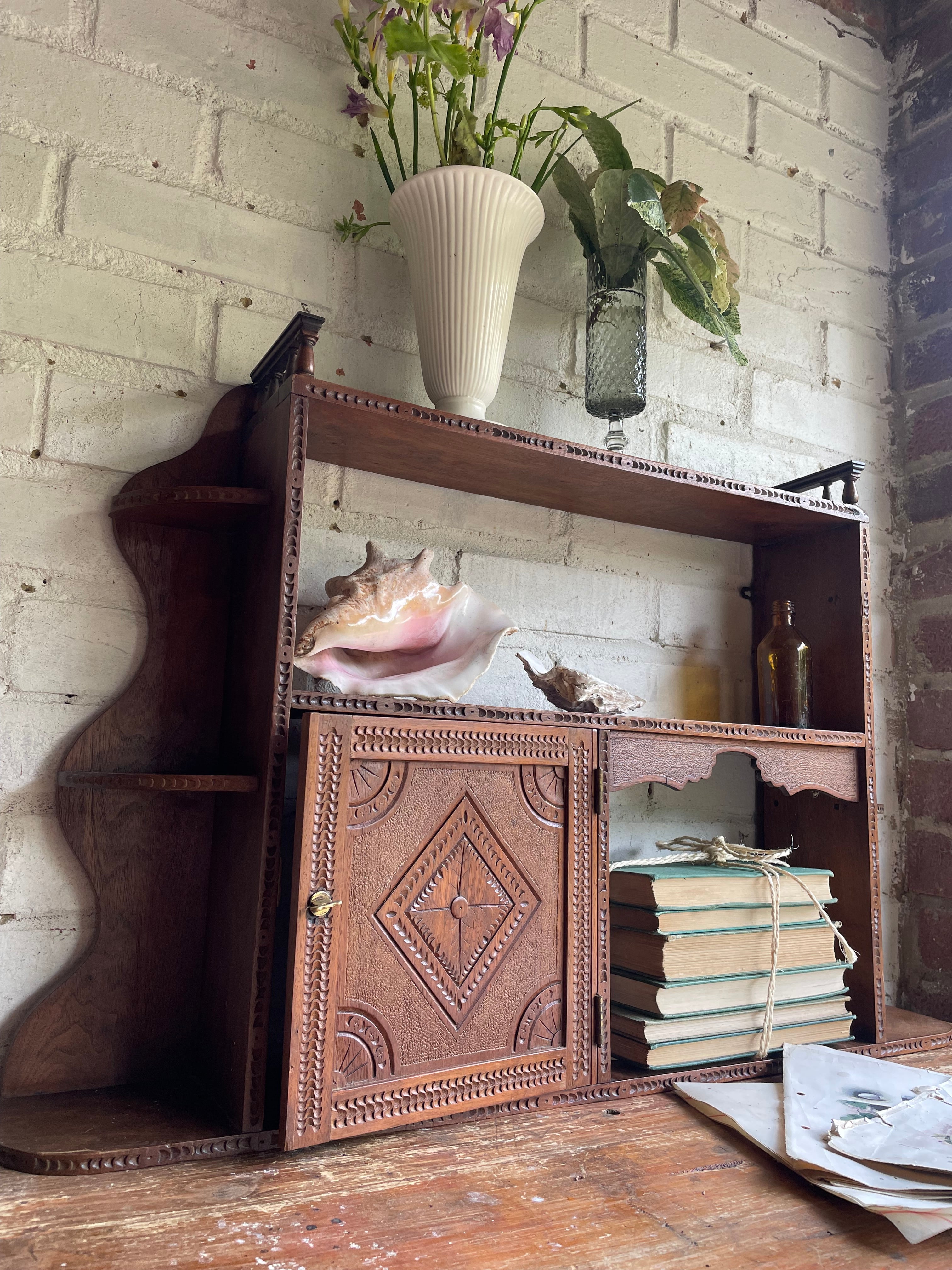 Arts & Crafts Wall Hanging Shelves with Carved Door Circa 1910