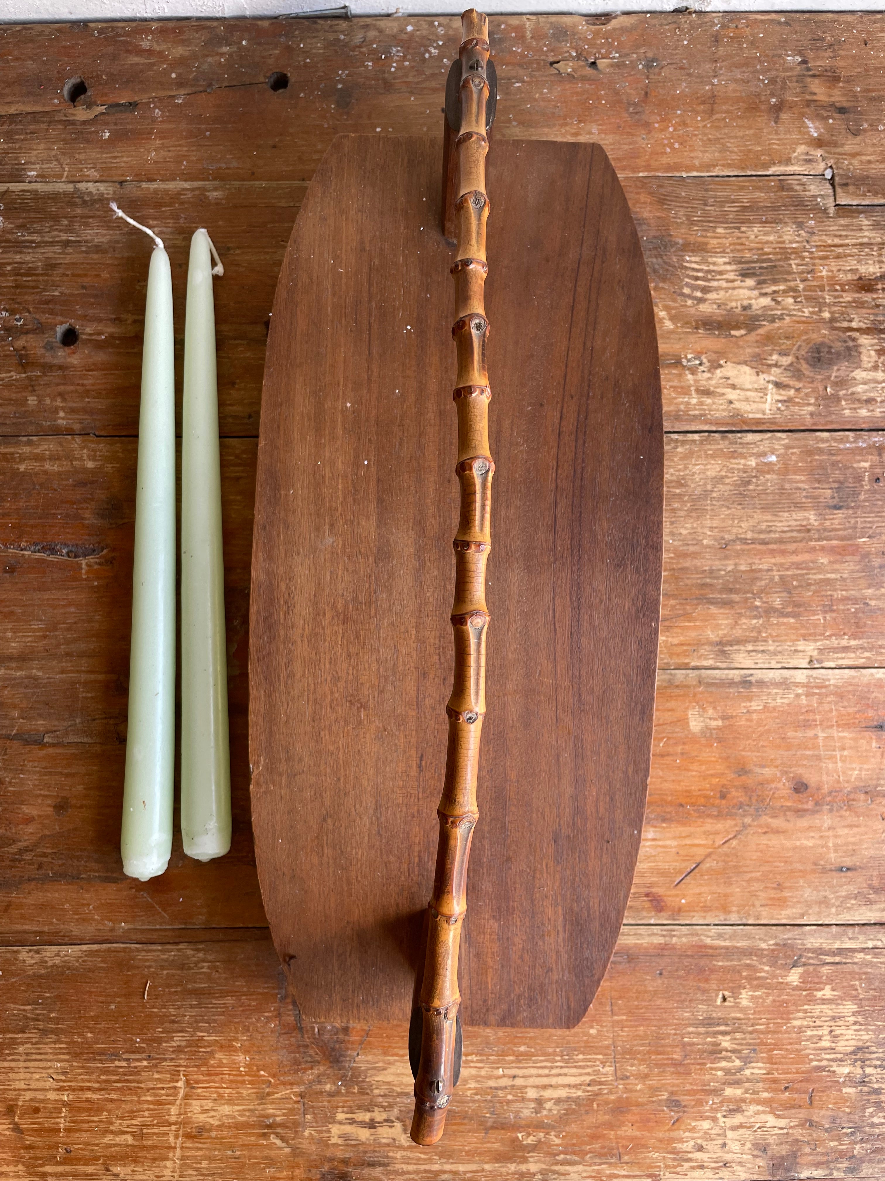 Midcentury wooden platter with bamboo handle