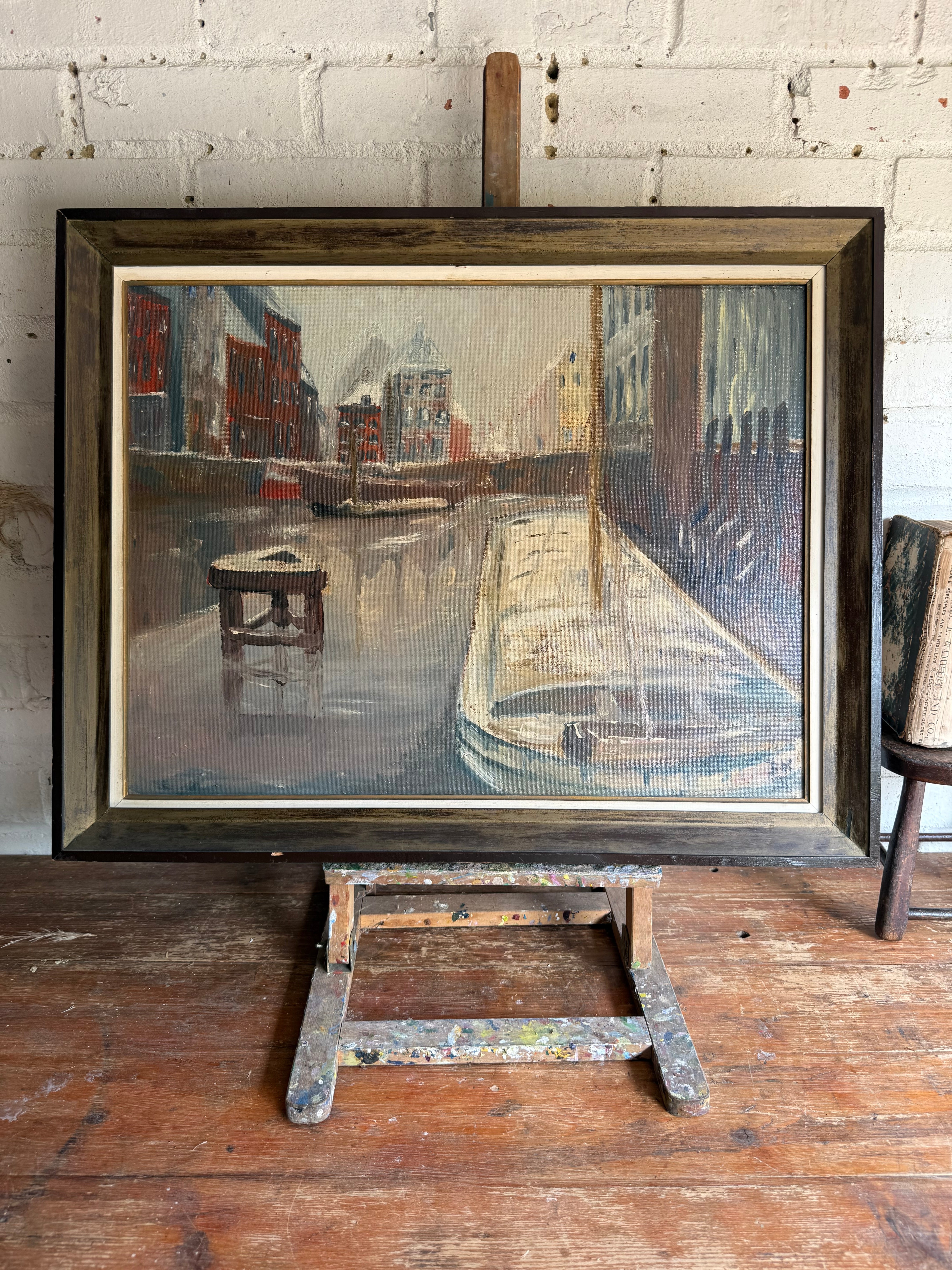 Flemish Canalscape: Large Midcentury Oil Painting