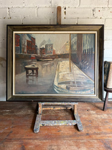 Flemish Canalscape: Large Midcentury Oil Painting