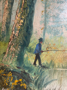 A fisherman amongst the trees: 19th Century Unframed Oil on Wood