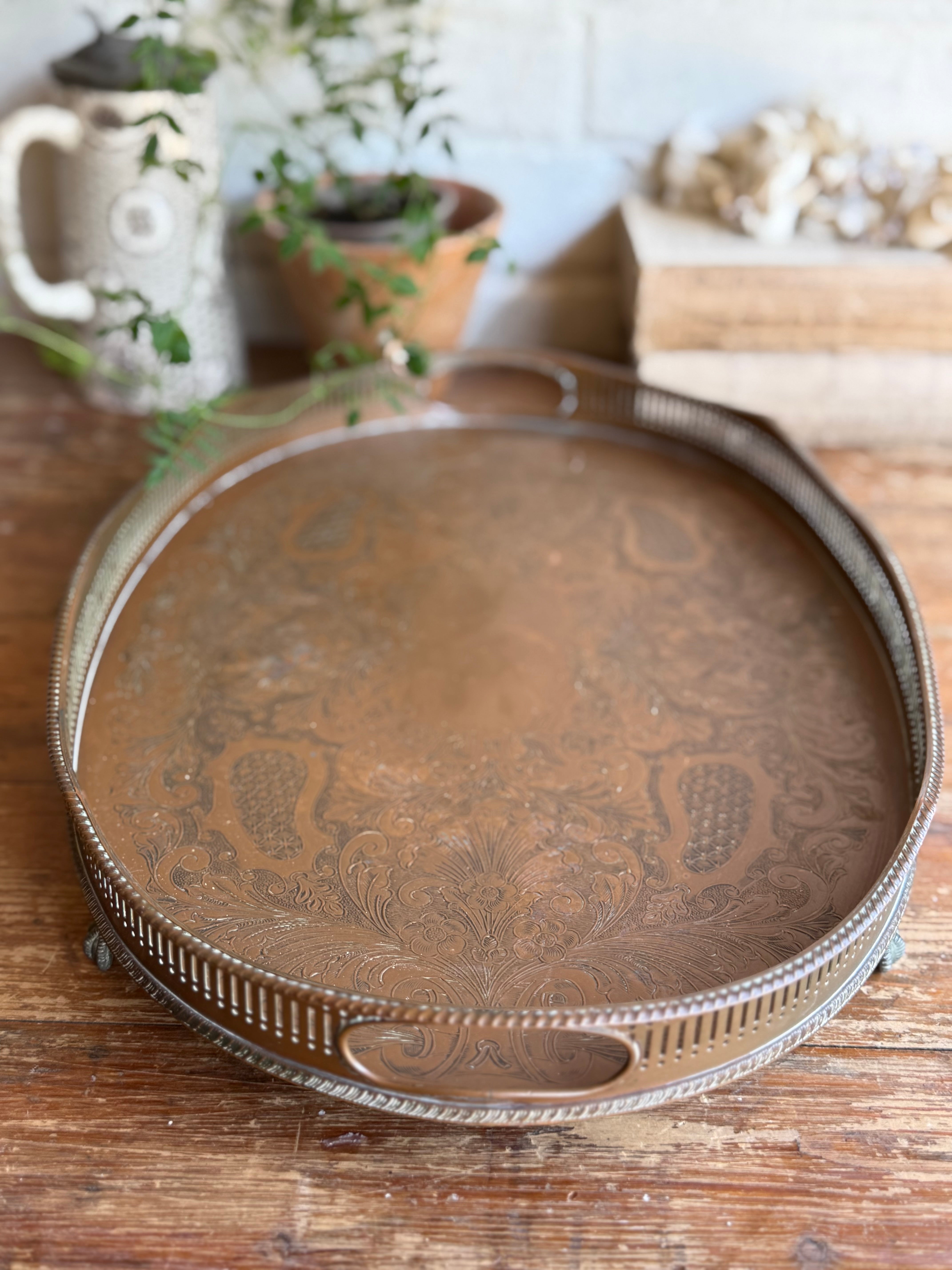 Early 20th Century Engraved Silver Plate on Copper Gallery Tray