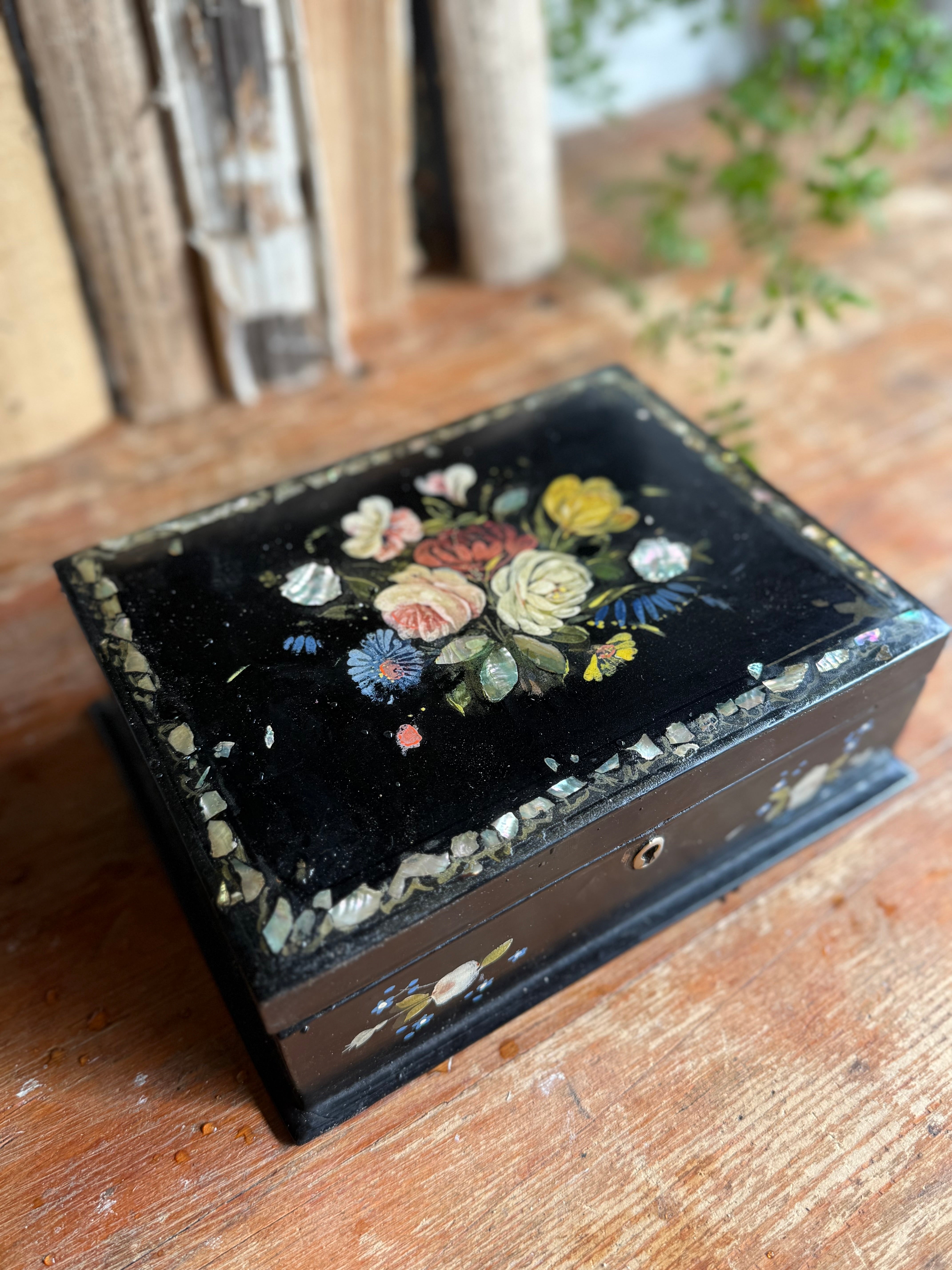 19th Century Hand-Painted Laquered Jewellery Box with Mother of Pearl Inlay