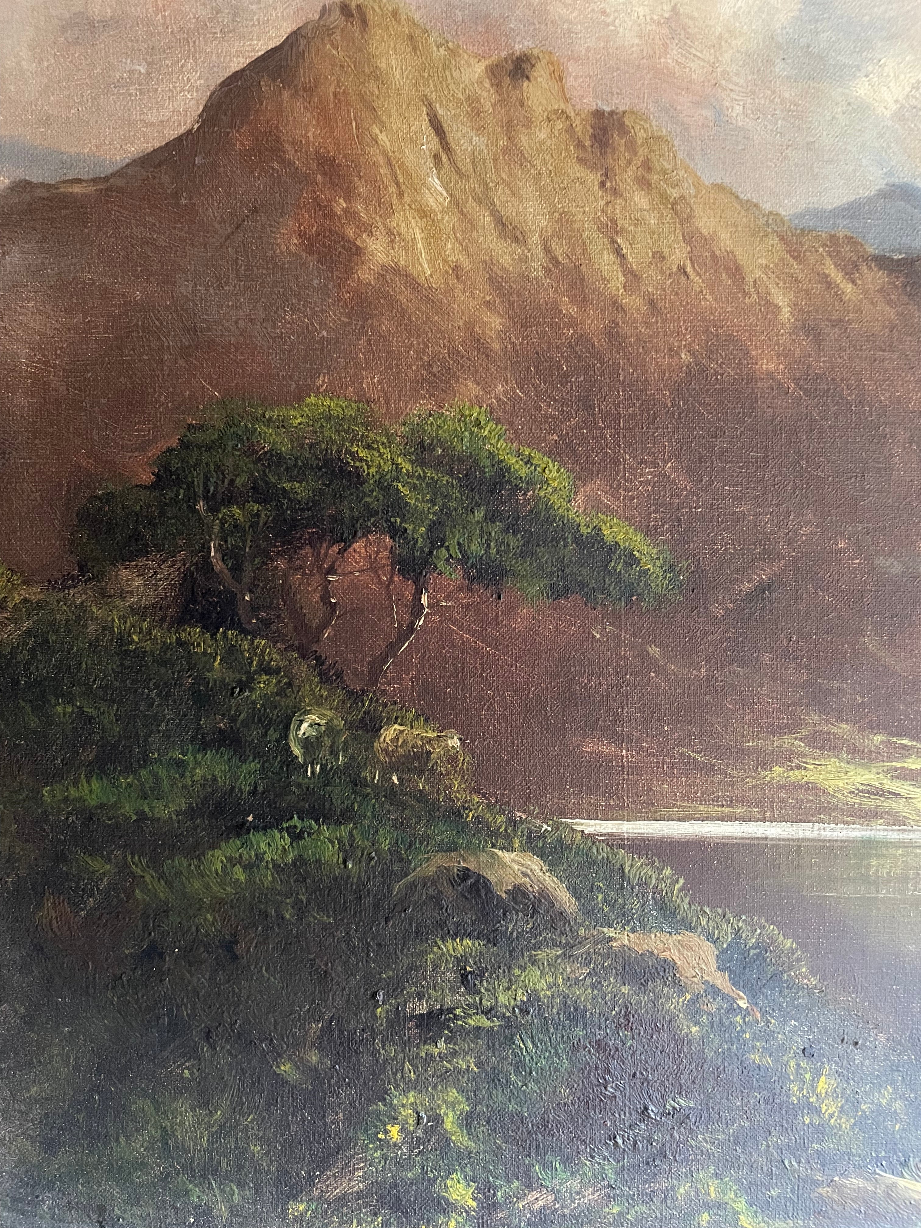 Large Signed Turn of the Century Scottish Landscape Oil on Canvas : “Mountains & Sheep”