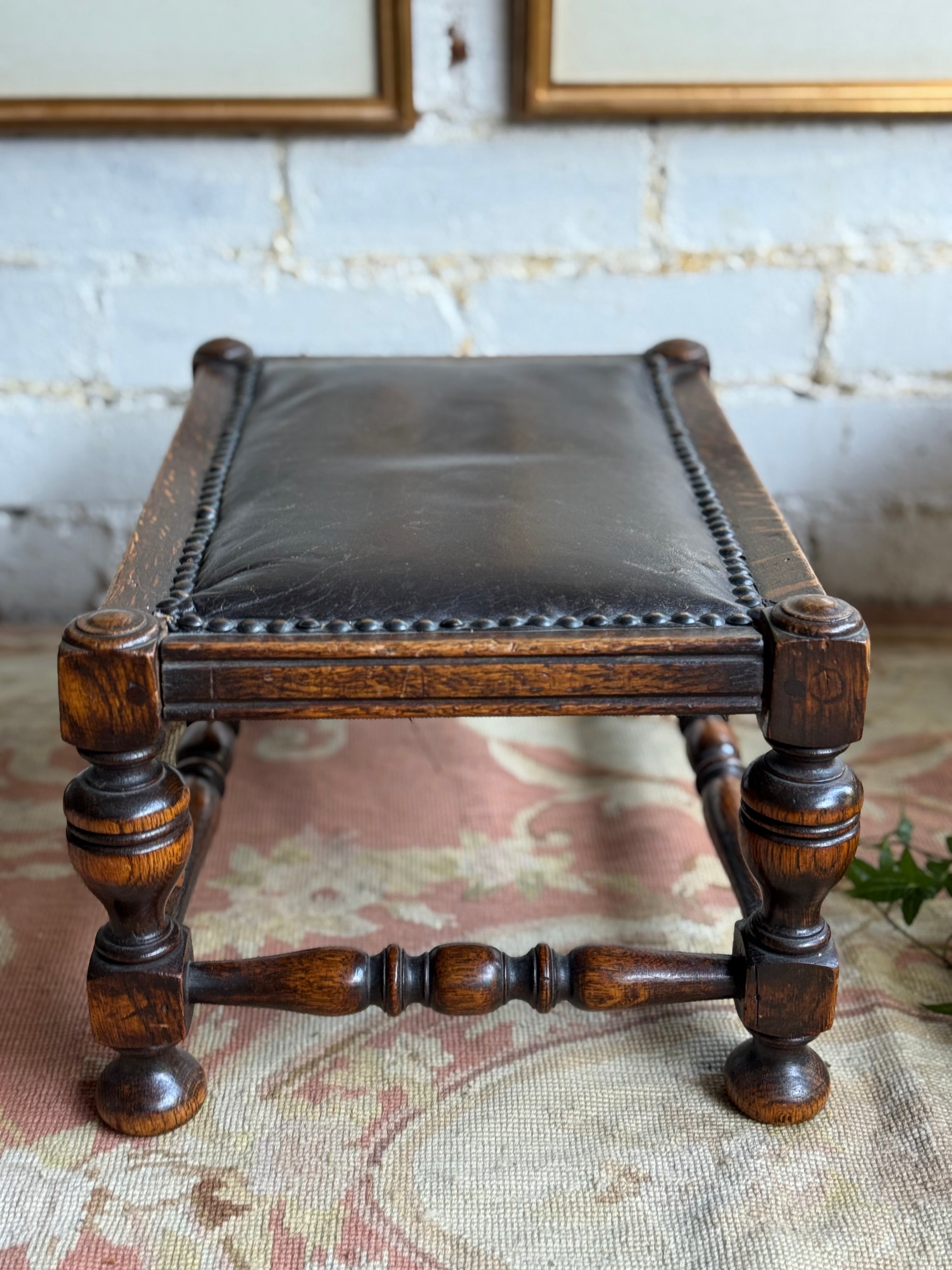 Early 1900s Edwardian Footstool with Studded Leather Seat