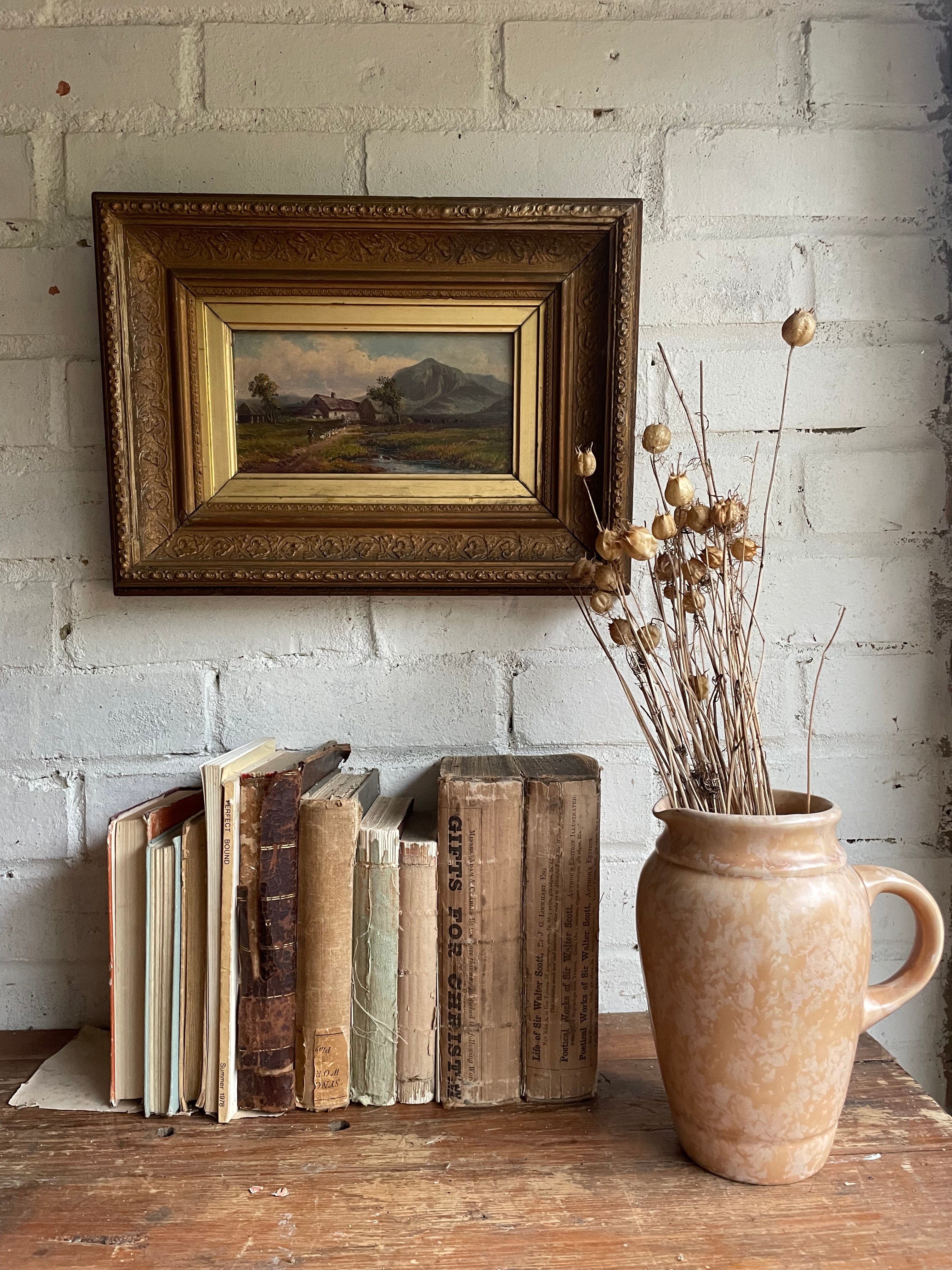 Rural Landscape with Geese: 19th Century Signed Oil on Wood with Gilt Frame