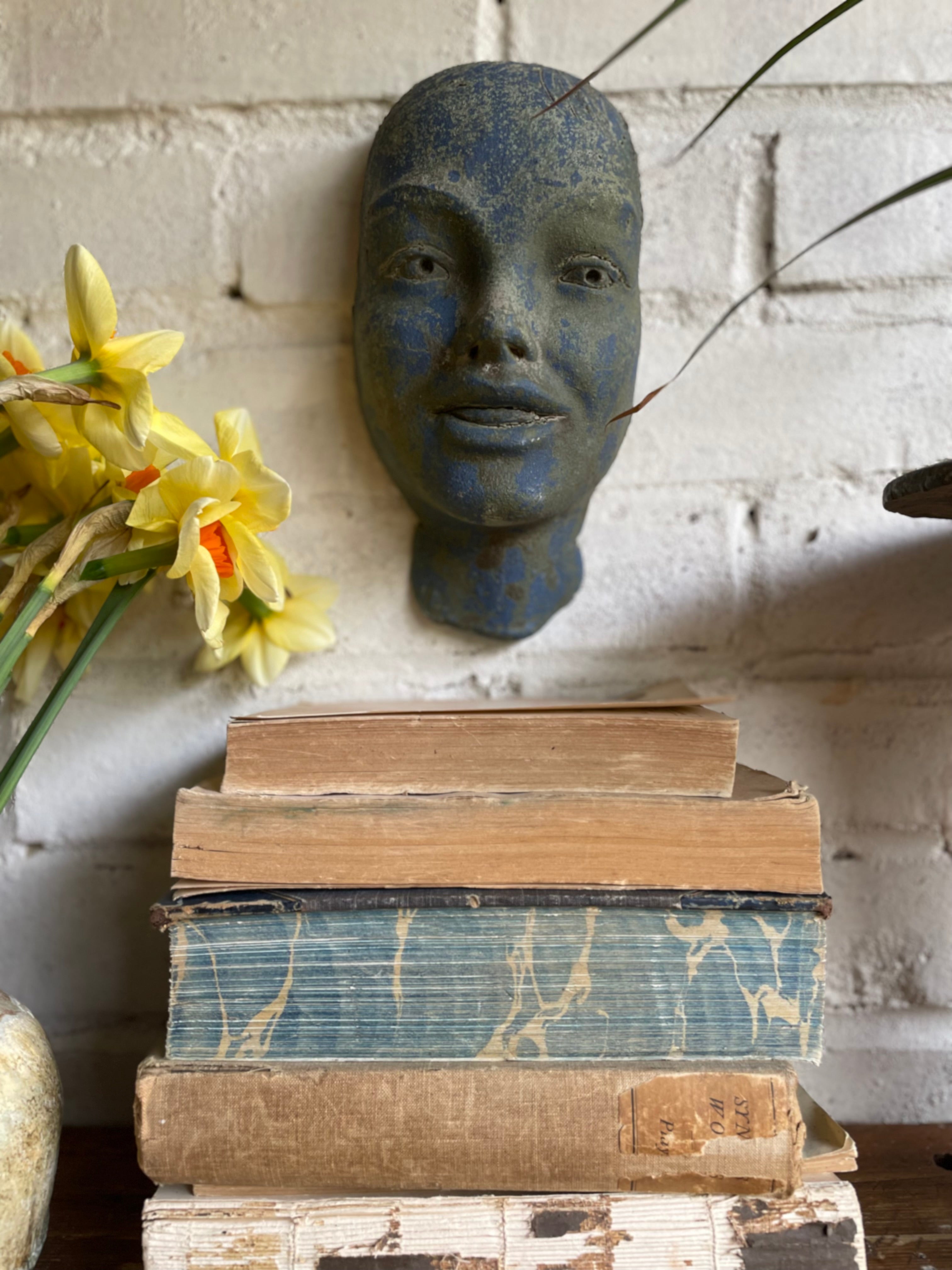 Decorative Sculptural Clay Face in Blue Hues