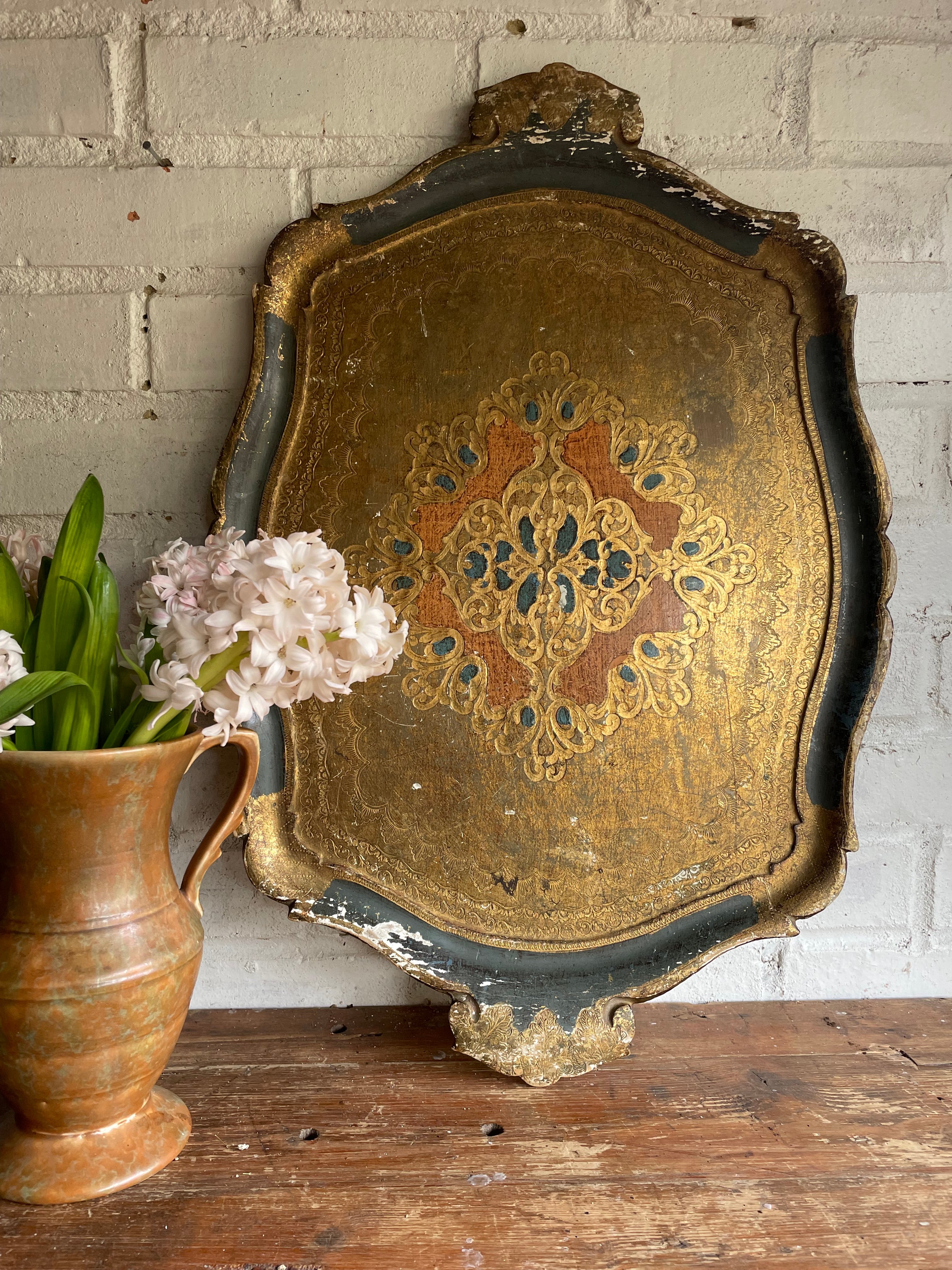 Large Florentine Tray in Gold, Blue and Coral