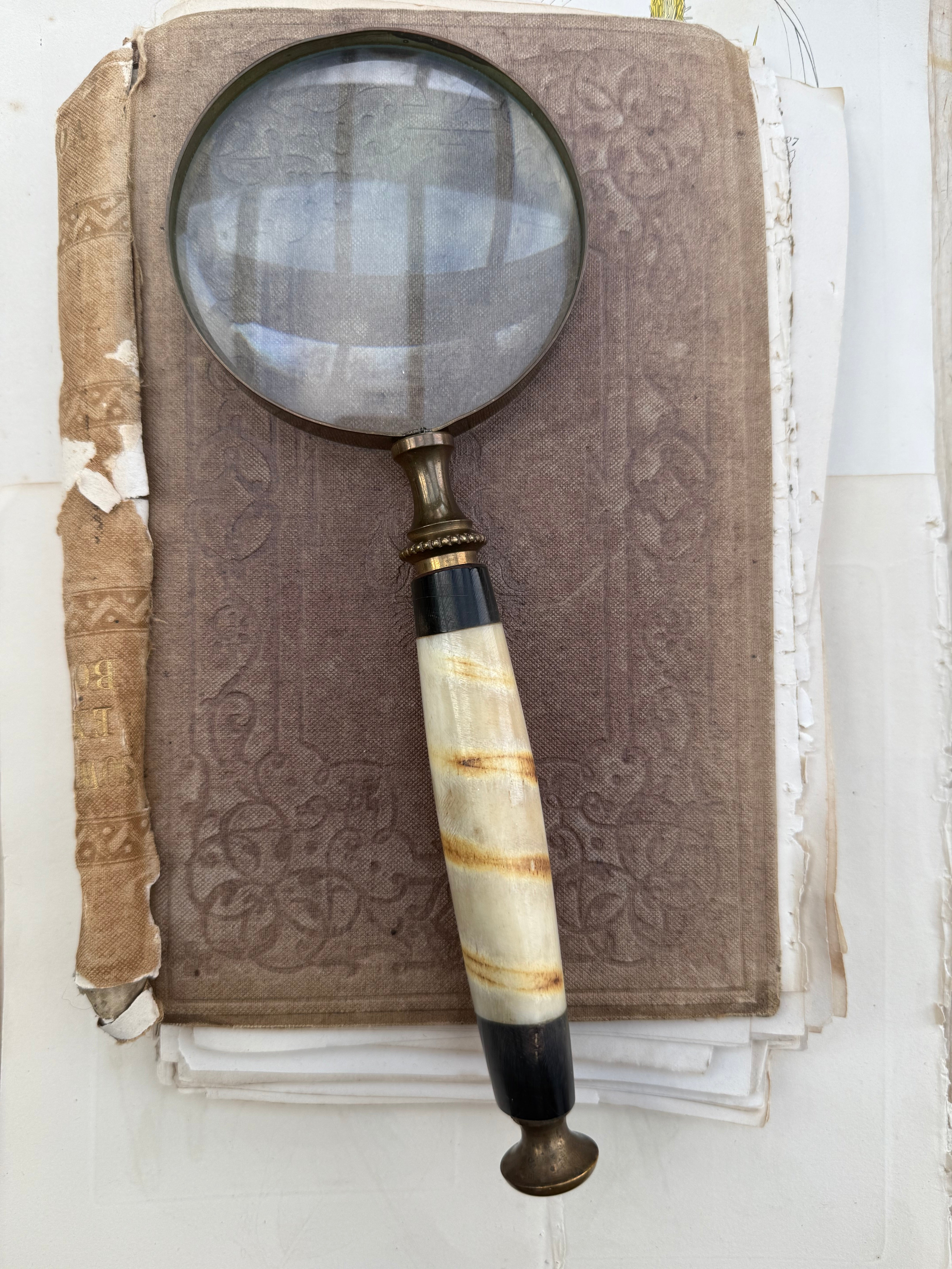 Large Vintage Brass & Alabaster Magnifying Glass: Circa 1940