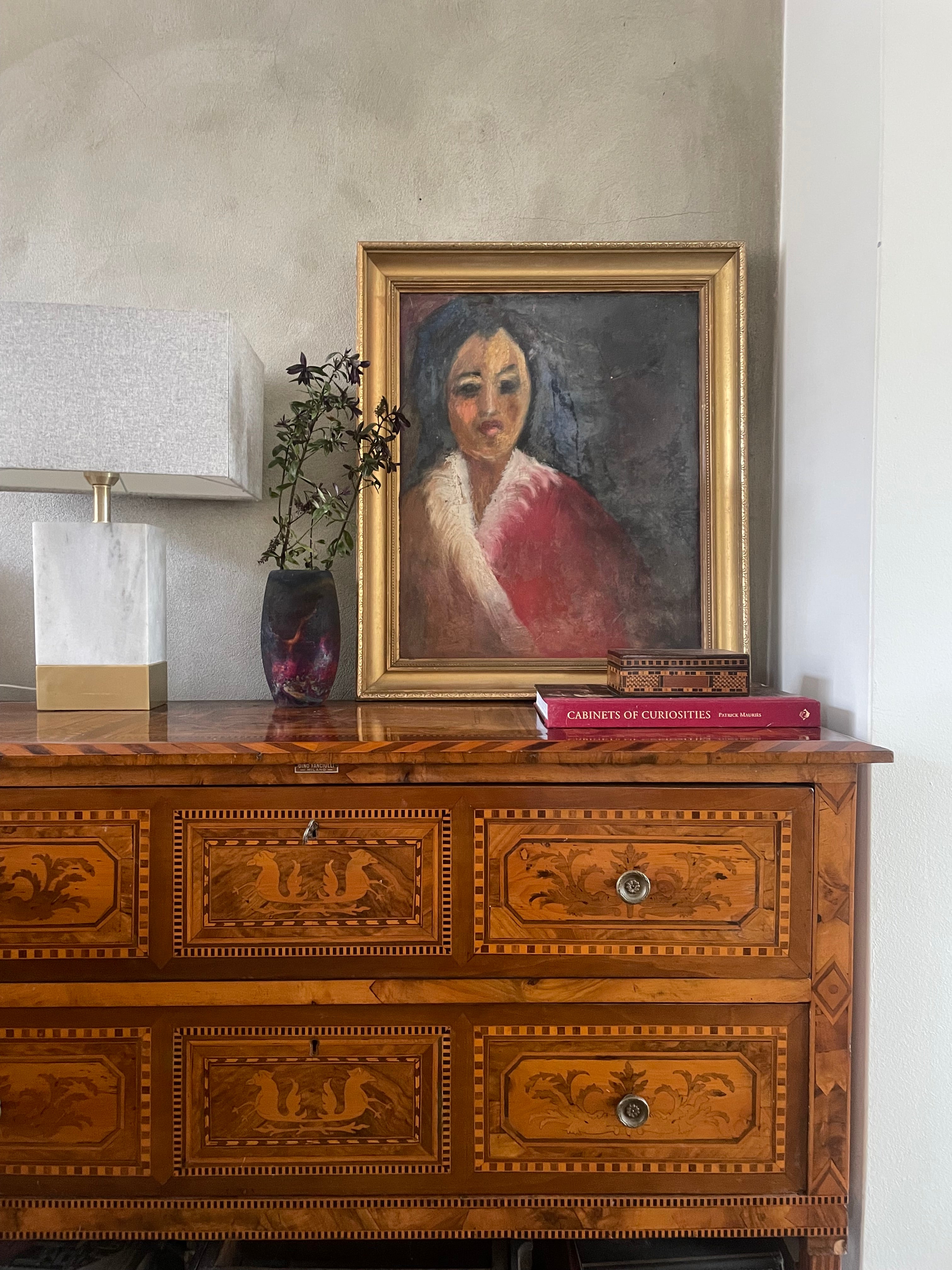 Impressionist Style Portrait with Feather Cape: Mid 20th Century Oil on Board