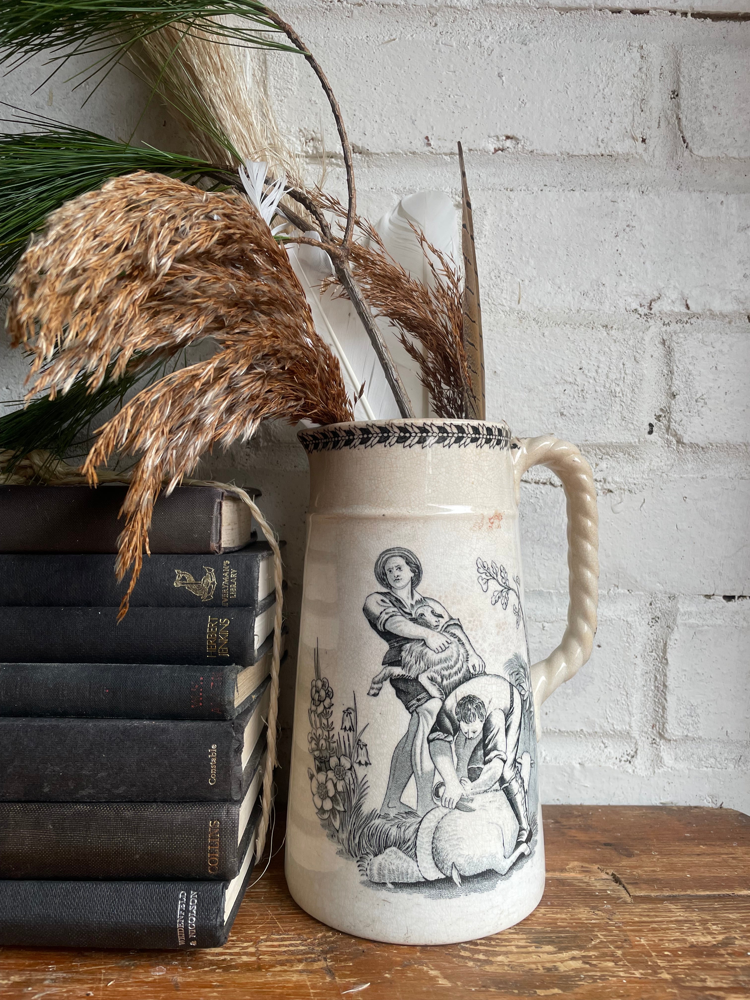19th Century Staffordshire Transferware Pitcher: Farmers Shearing
