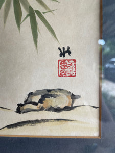 Japanese Watercolour on Textured Paper with Blue Mount