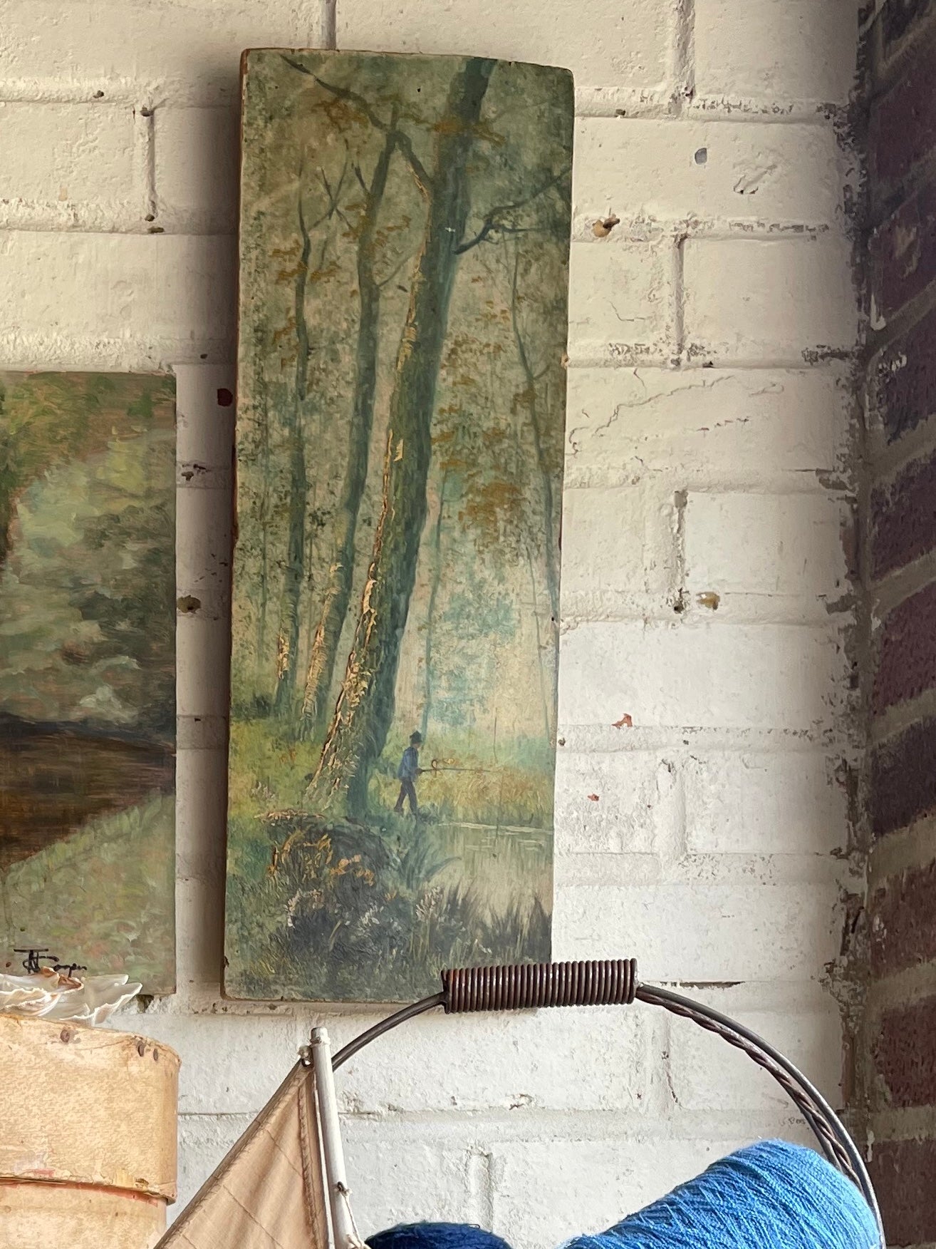 A fisherman amongst the trees: 19th Century Unframed Oil on Wood