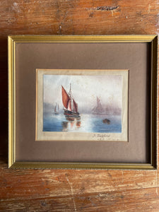 Small Watercolour of Thames Barge Traditional Sale Boats, signed and dated 1918