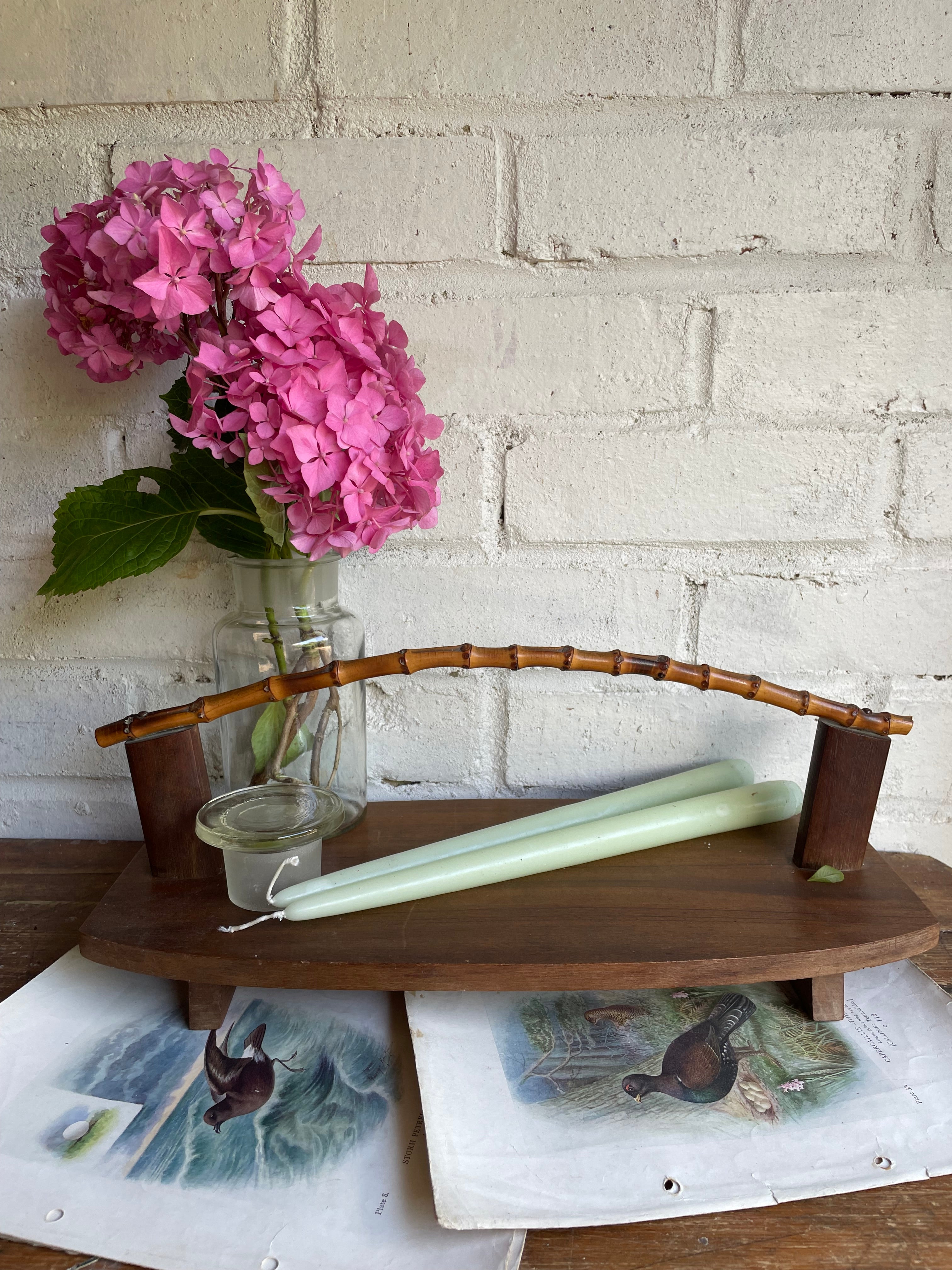 Midcentury wooden platter with bamboo handle