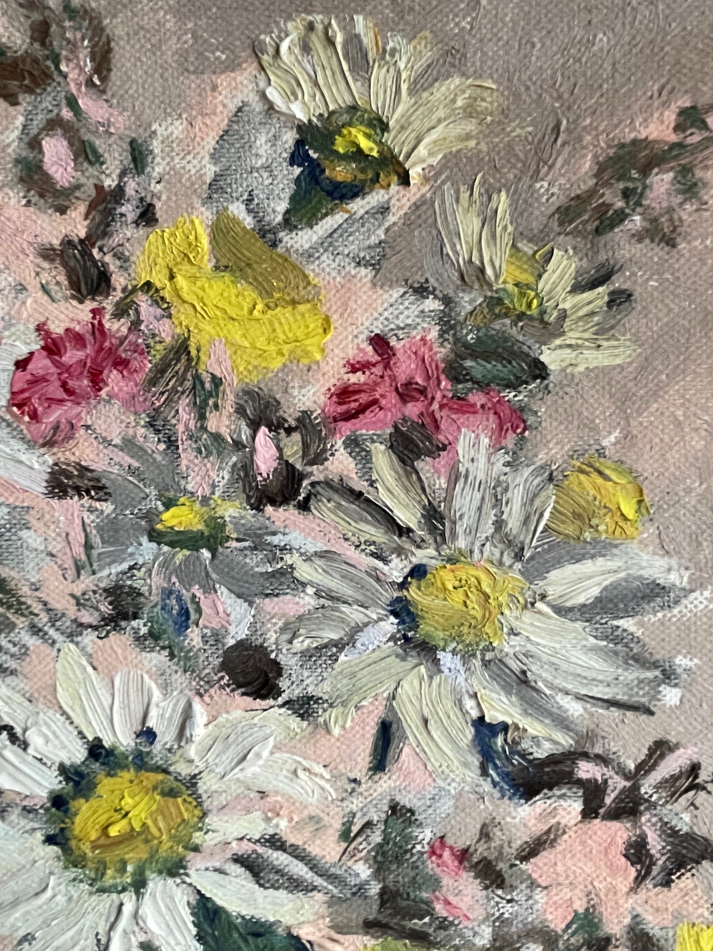 Daisies in a Silver Vase: Small Oil on Board
