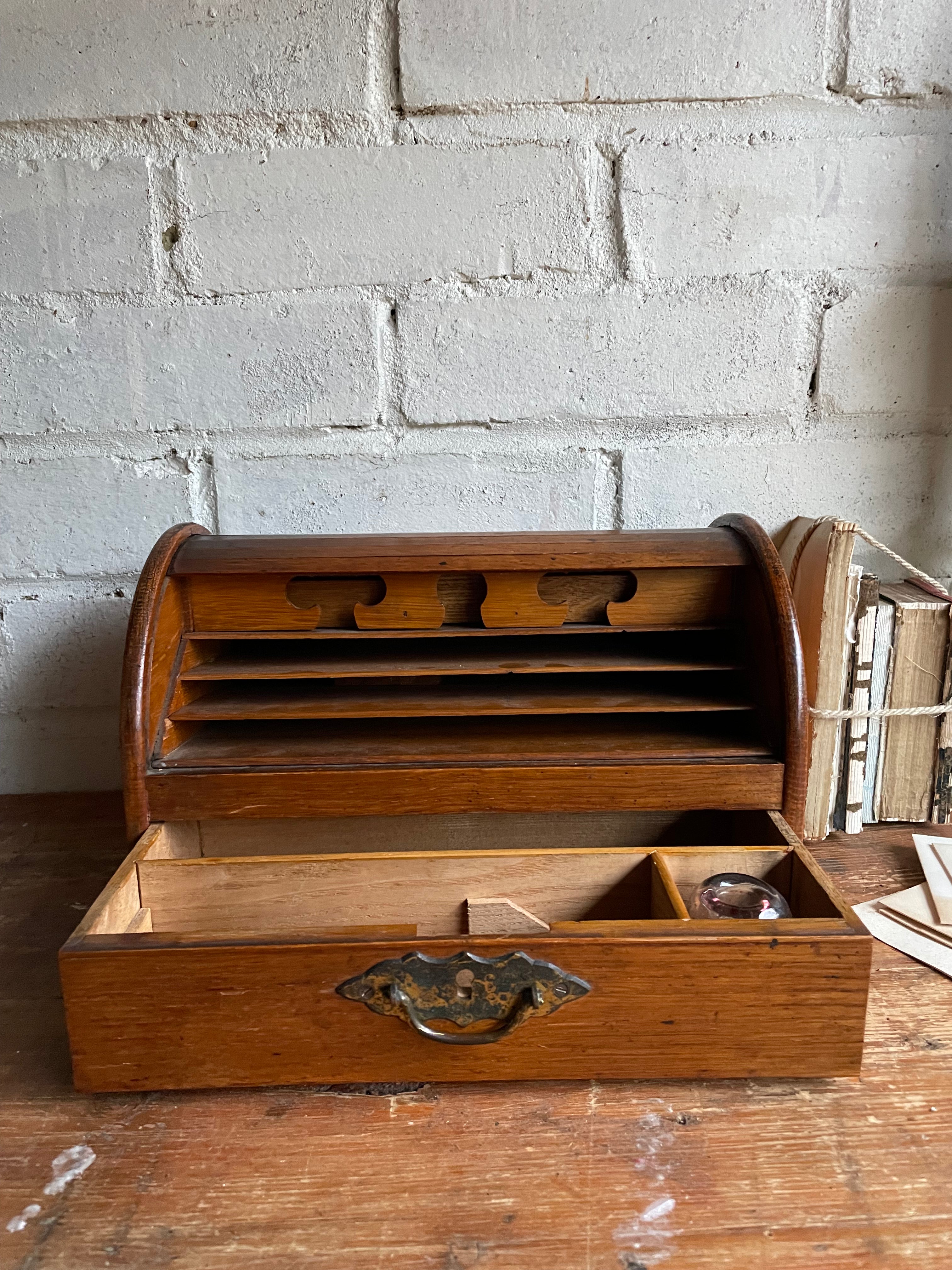 19th Century Oak Tambour Roll Top Stationary Cabinet