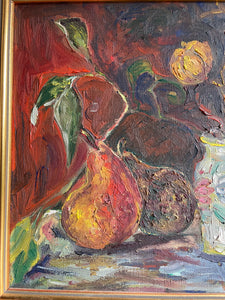 Floral & Fruit Still Life:  Signed & Dated Oil on Board