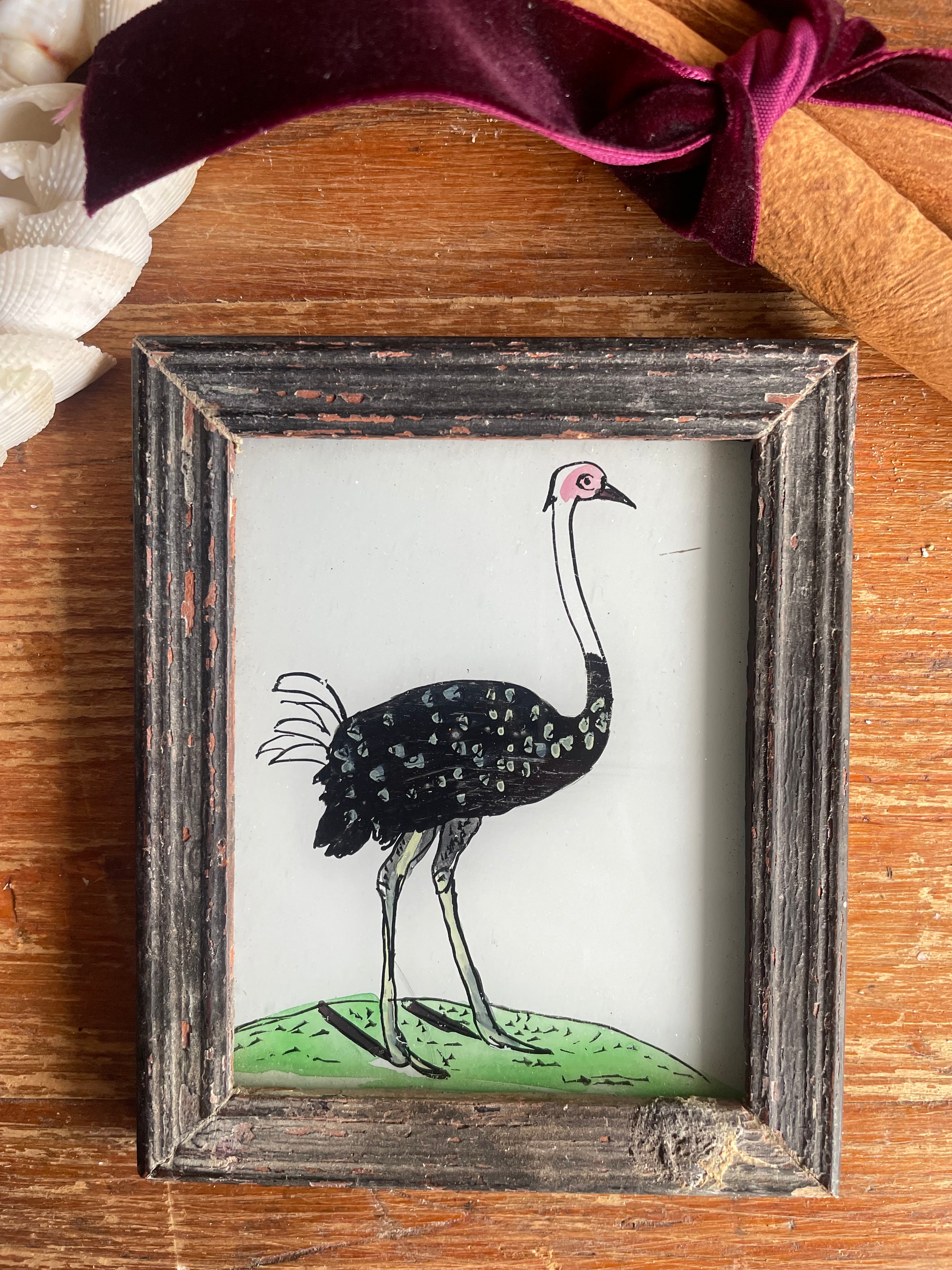 Mini Indian Reverse Glass Painting with Vintage Frame: Ostrich