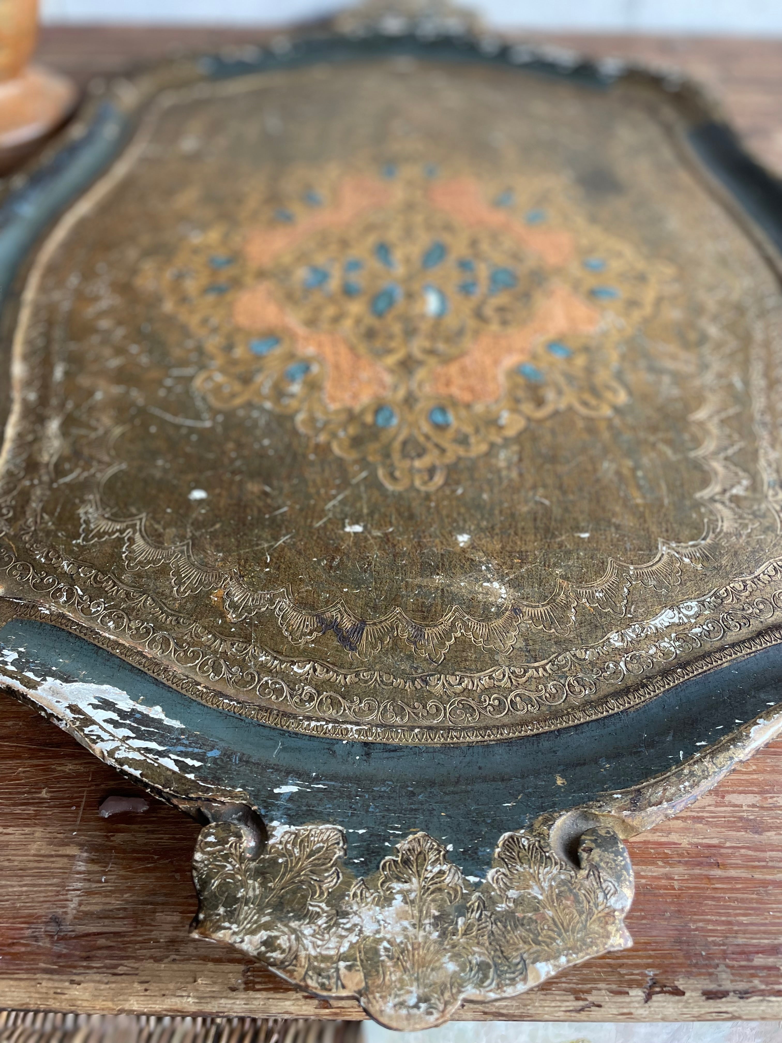 Large Florentine Tray in Gold, Blue and Coral