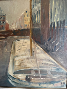 Flemish Canalscape: Large Midcentury Oil Painting