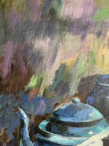 Still Life in Blue: Midcentury Oil on Canvas