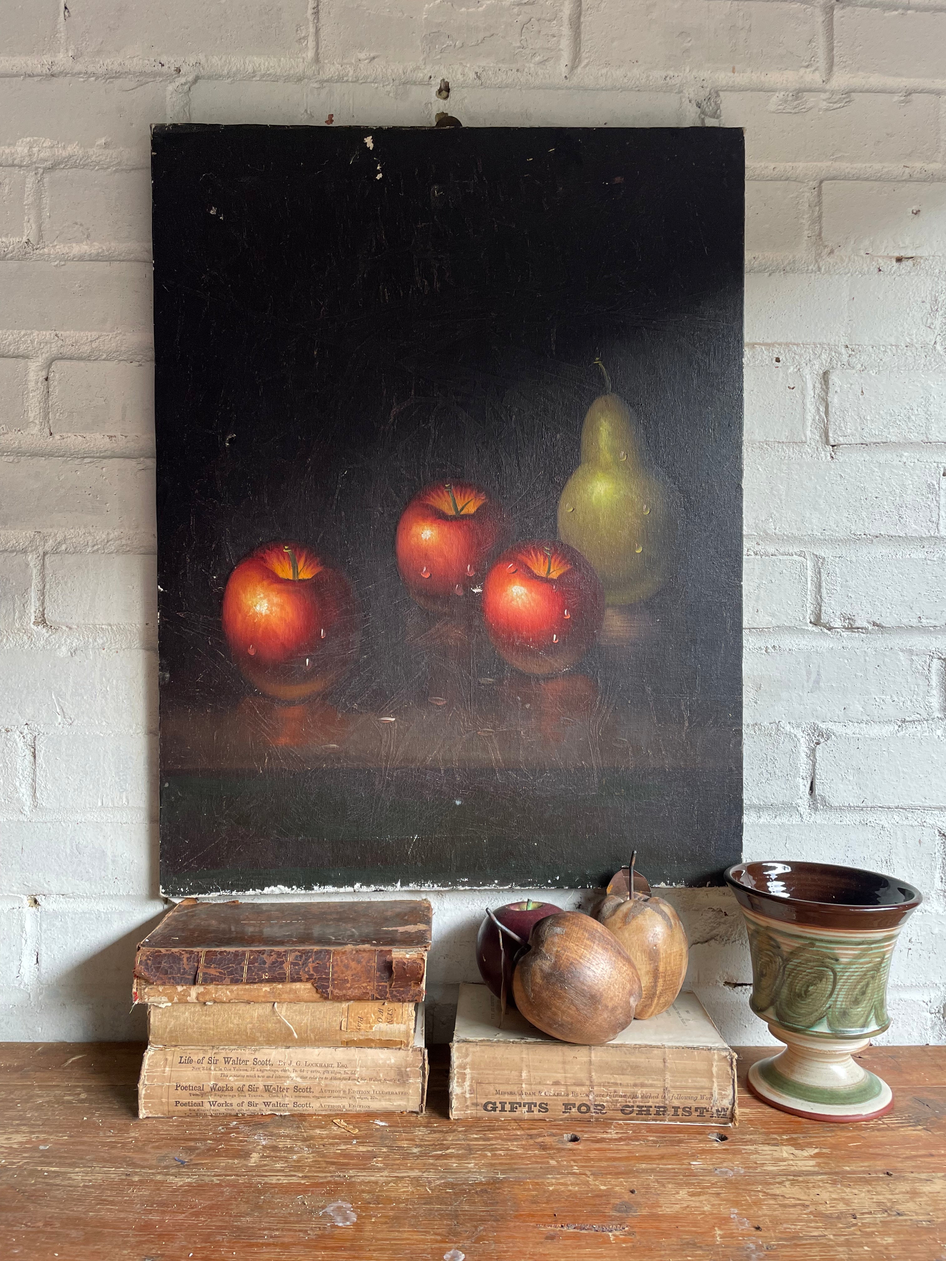 Large Antique Fruit Still Life:  Timeworn Oil on Canvas