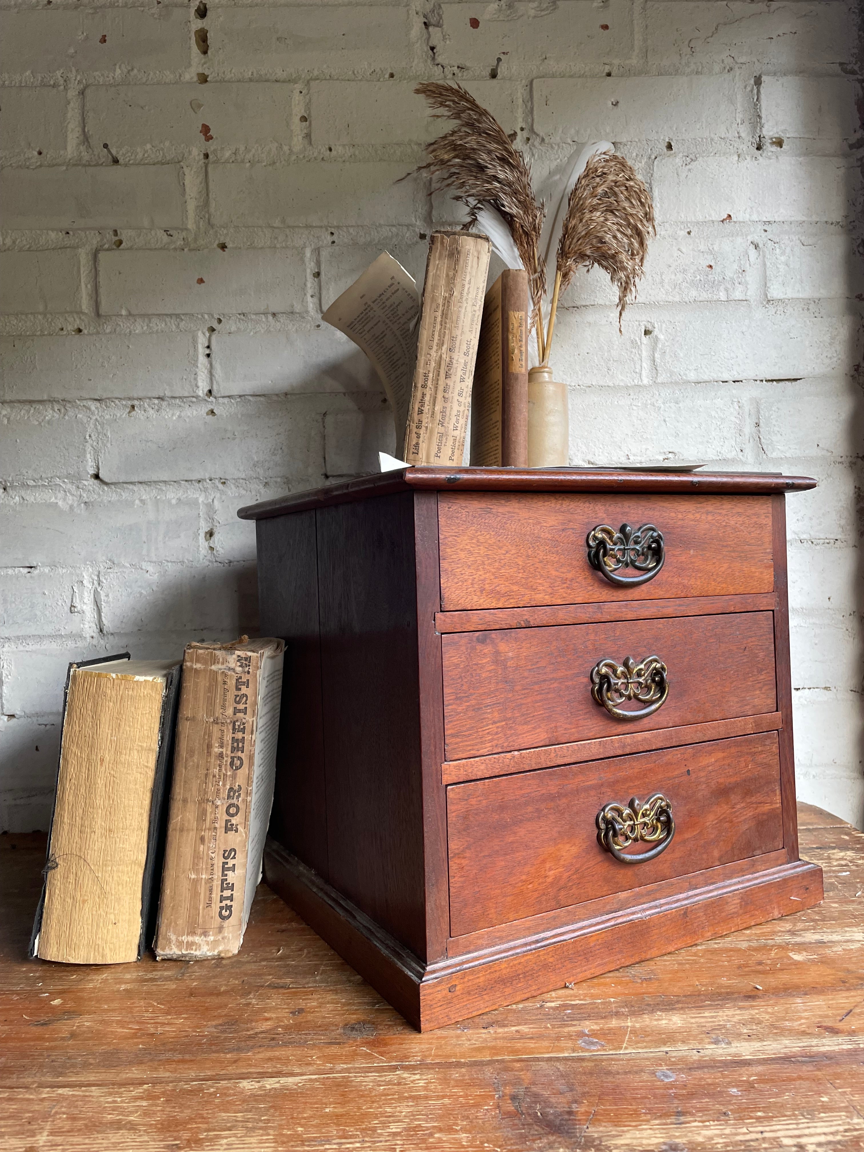 UK only delivery. 1930s American Tabletop Drawers with Brass Handles. Were £100 now £65 at checkout