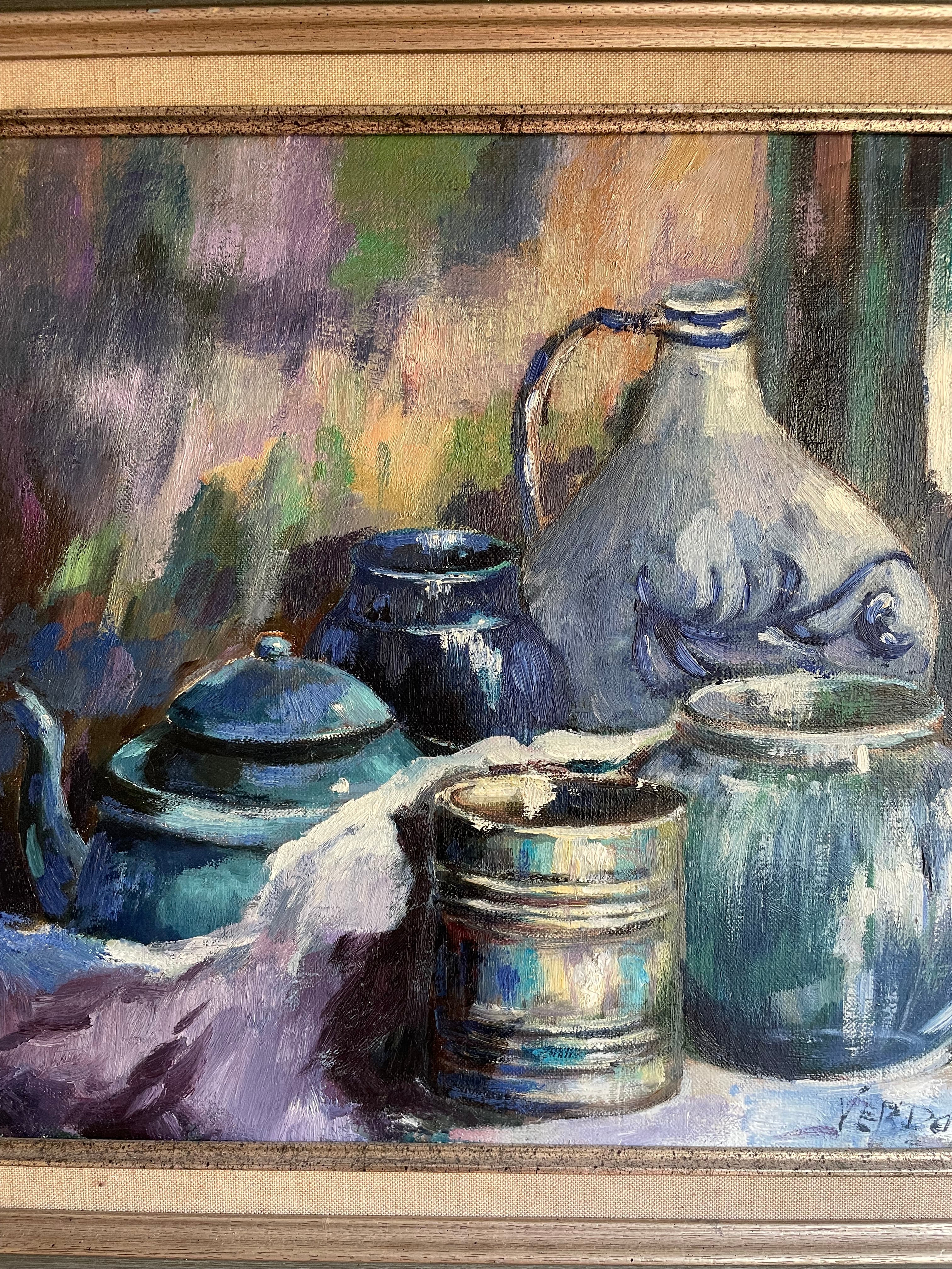 Still Life in Blue: Midcentury Oil on Canvas