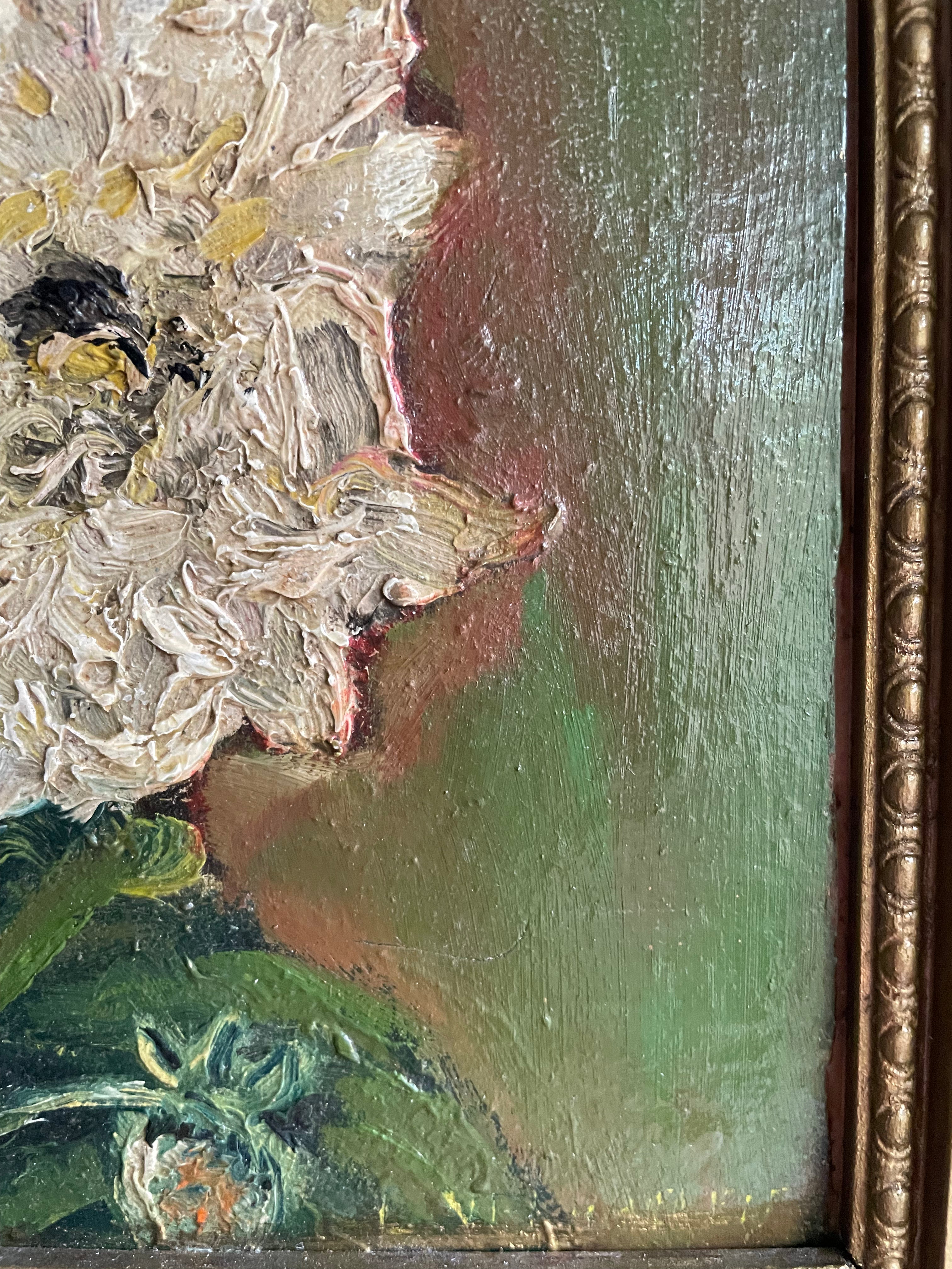 Peonies: Antique Oil on Board with Egg & Dart Frame