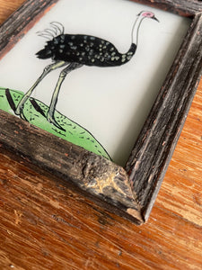 Mini Indian Reverse Glass Painting with Vintage Frame: Ostrich
