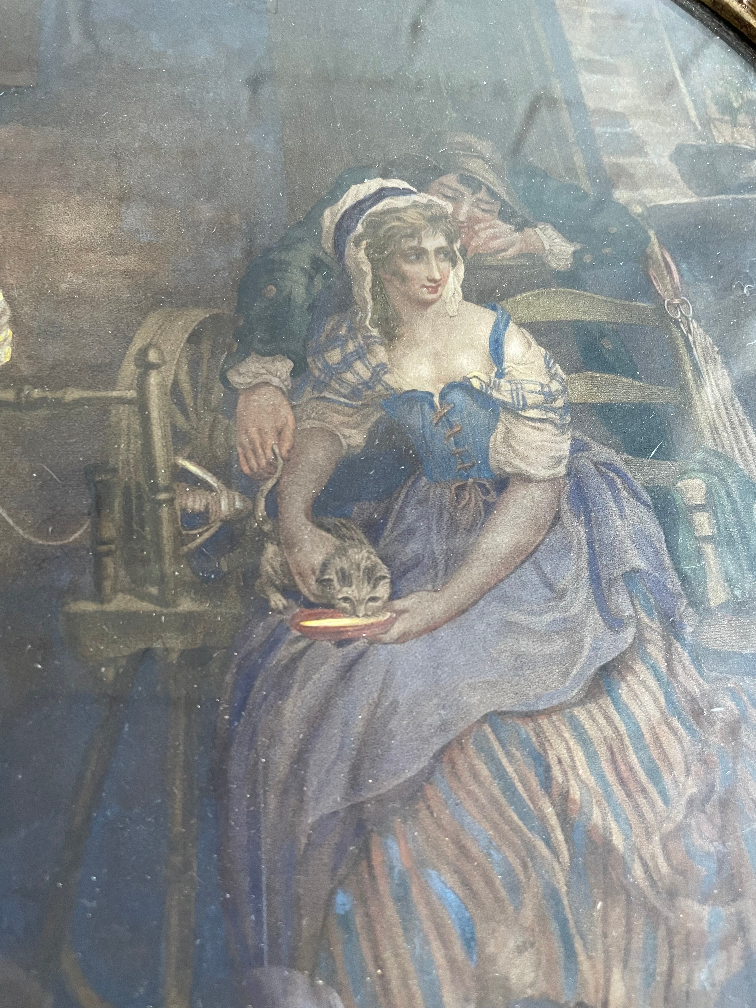 19th Century Framed Lithographic Print with Gilt Frame and Rope Tie: Country Kitchen Scene