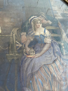 19th Century Framed Lithographic Print with Gilt Frame and Rope Tie: Country Kitchen Scene
