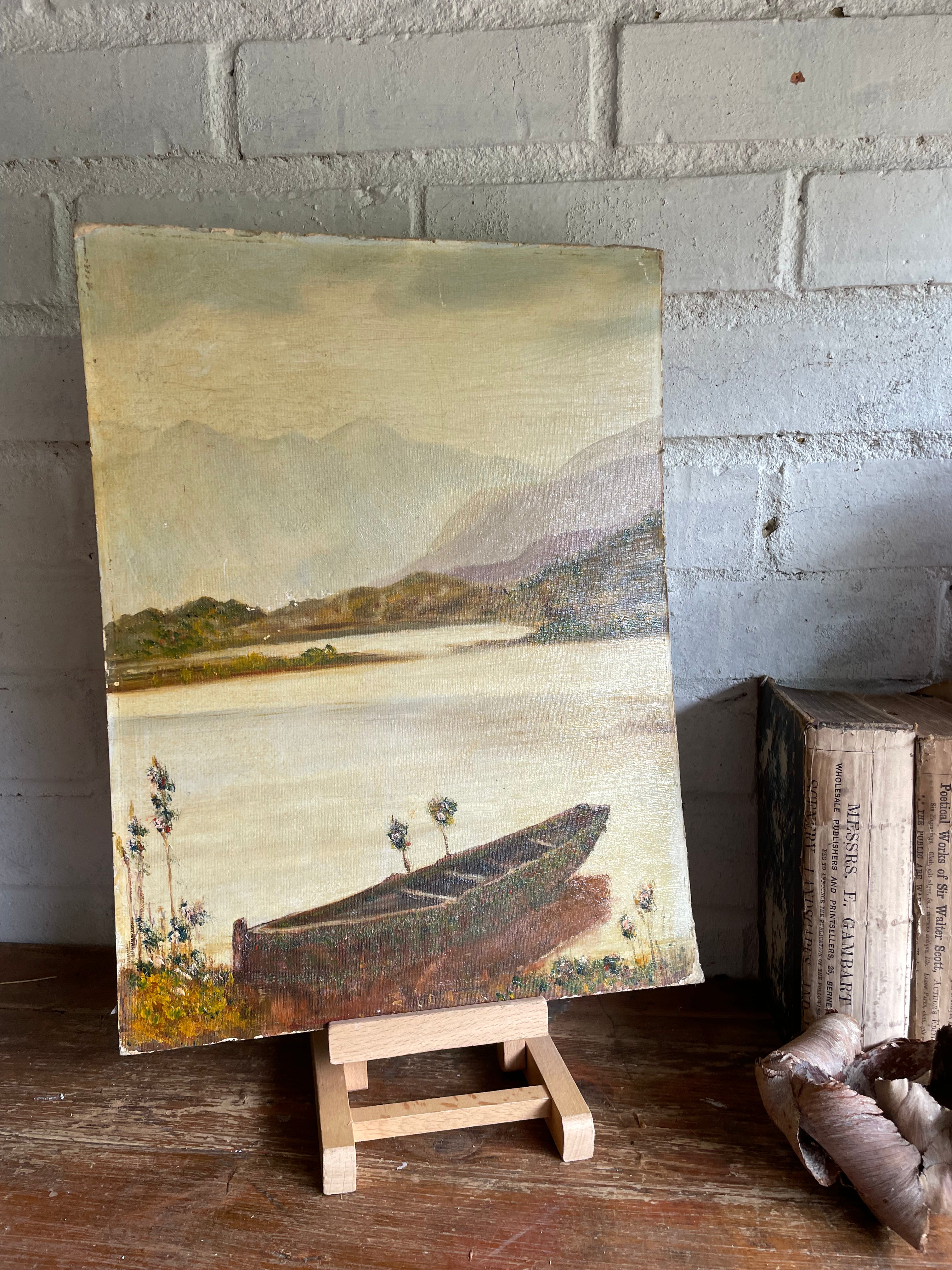 Boat and Lake: Oil on Board