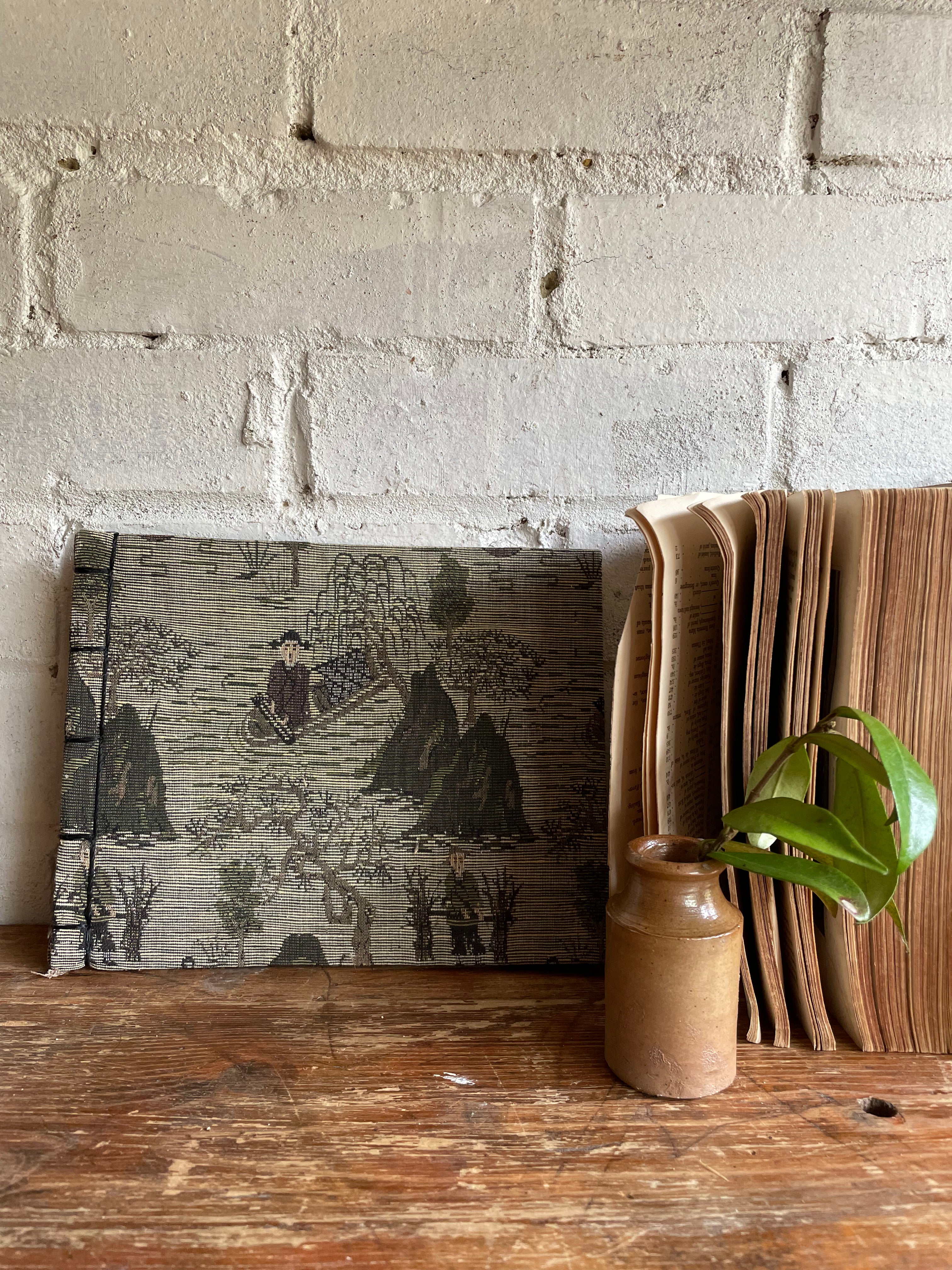 Antique Chinese Block Print Book with Embroidered Fabric Cover