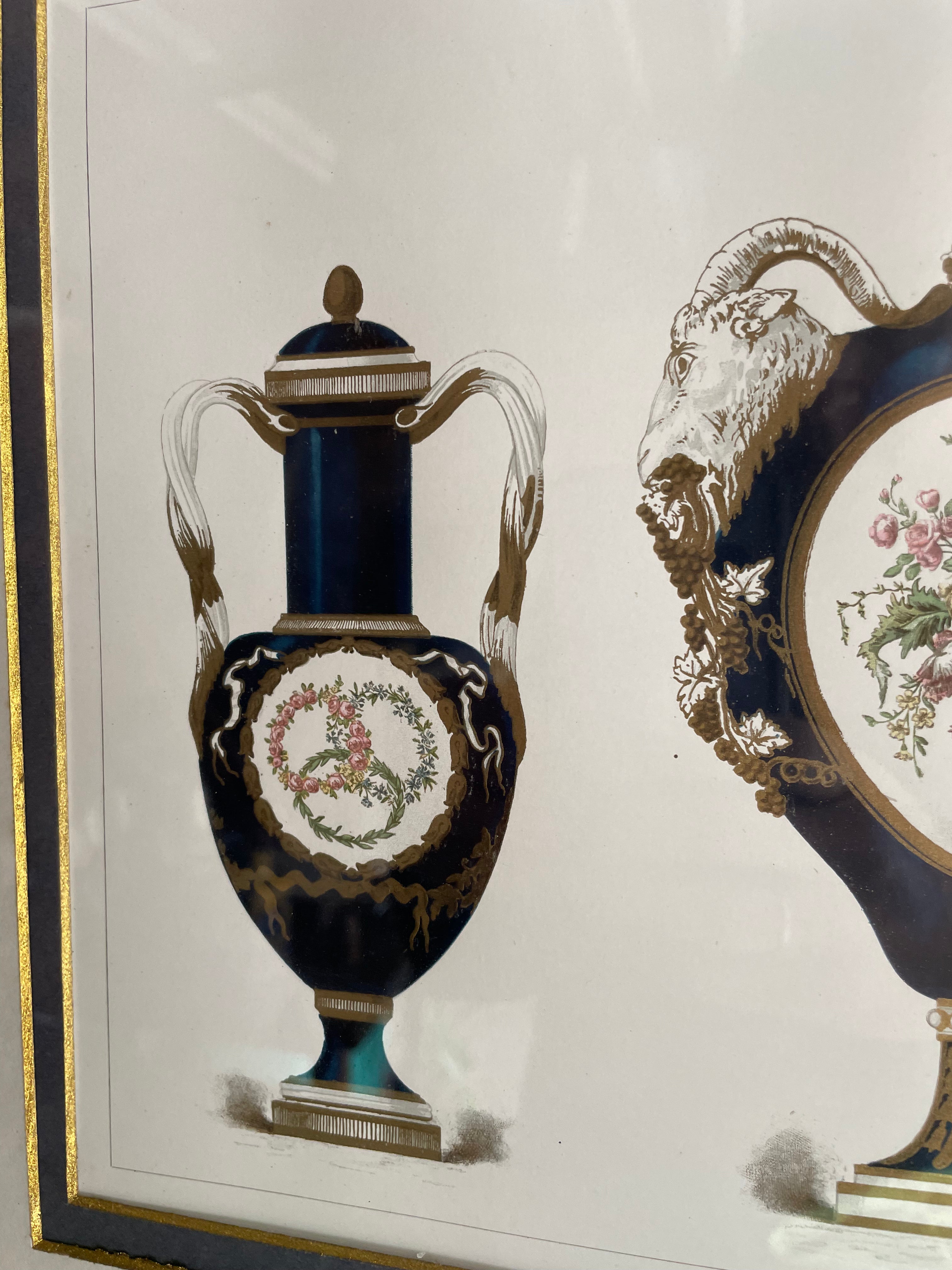 Coloured Antique Print of Sevres Porcelain Urns