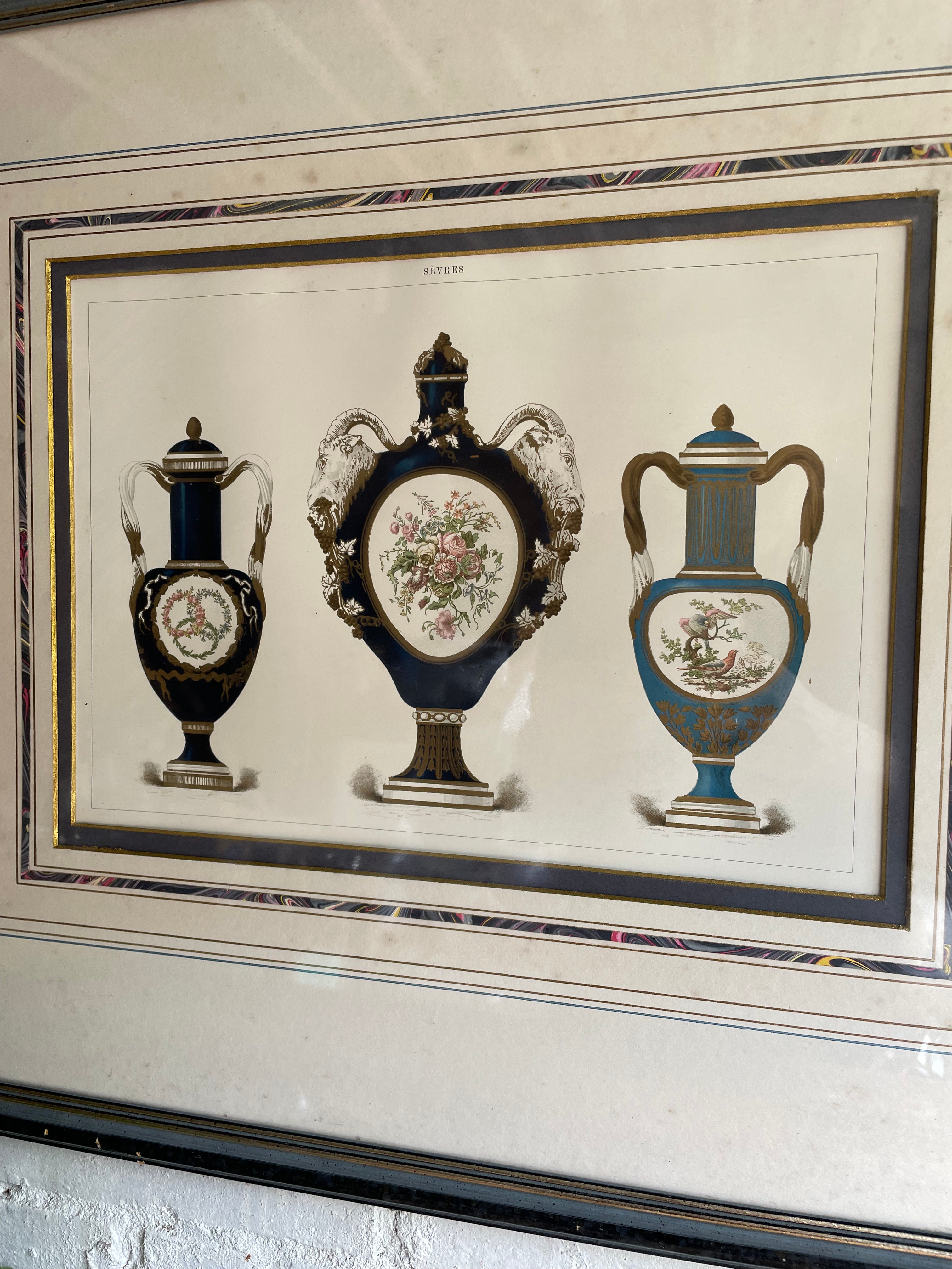 Coloured Antique Print of Sevres Porcelain Urns