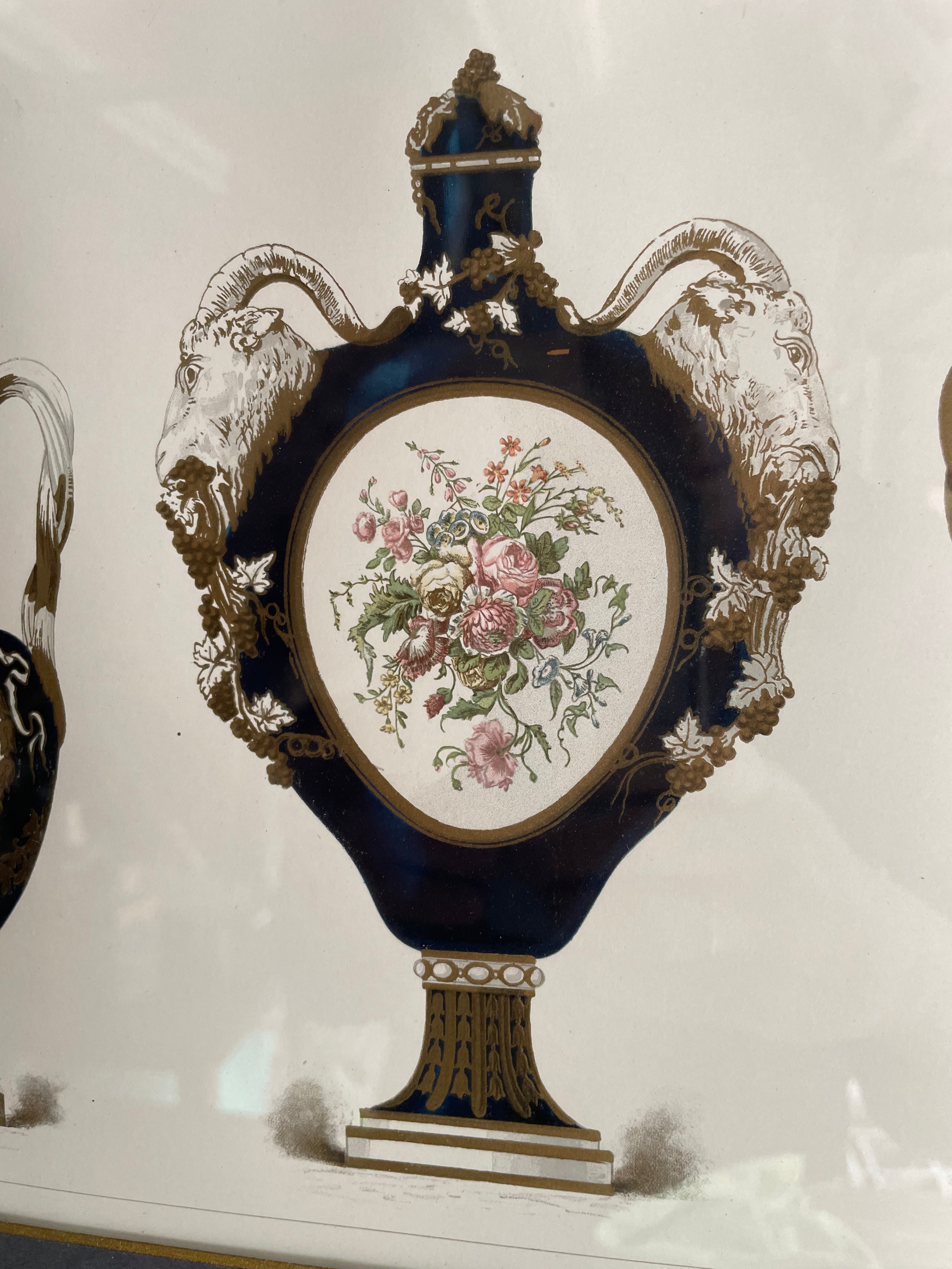 Coloured Antique Print of Sevres Porcelain Urns