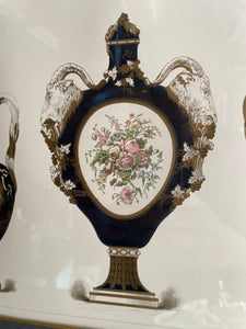 Coloured Antique Print of Sevres Porcelain Urns