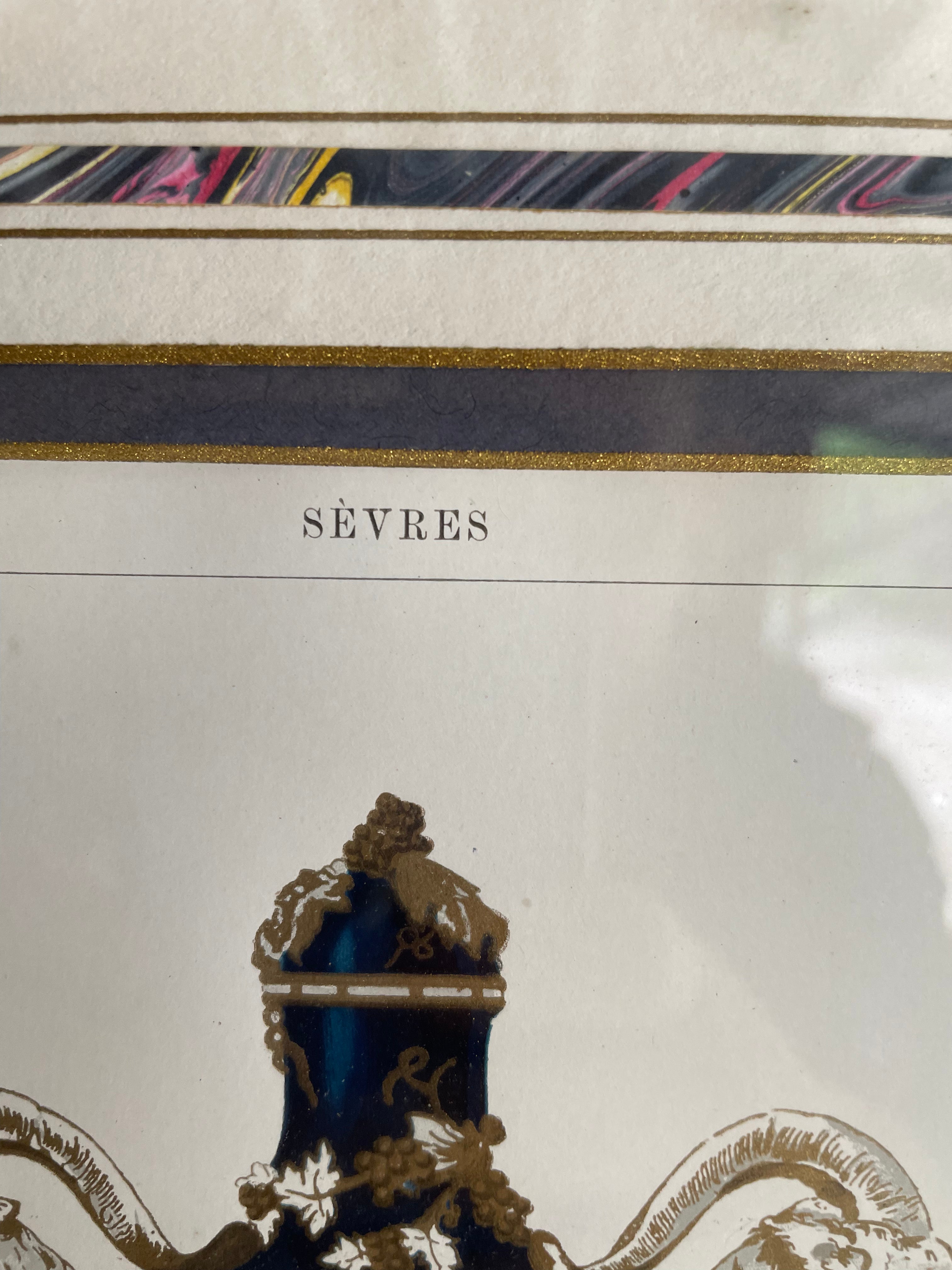 Coloured Antique Print of Sevres Porcelain Urns