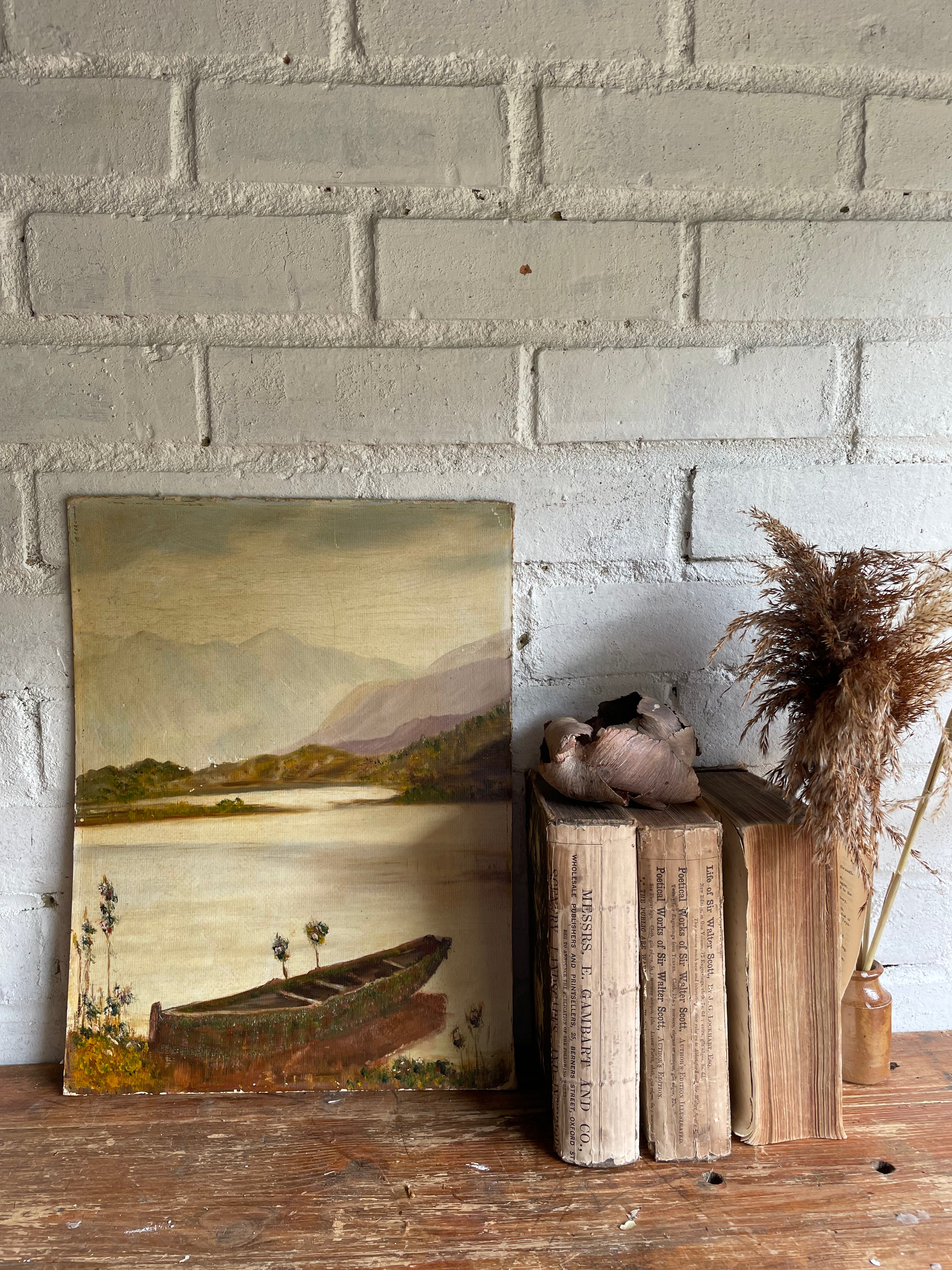Boat and Lake: Oil on Board