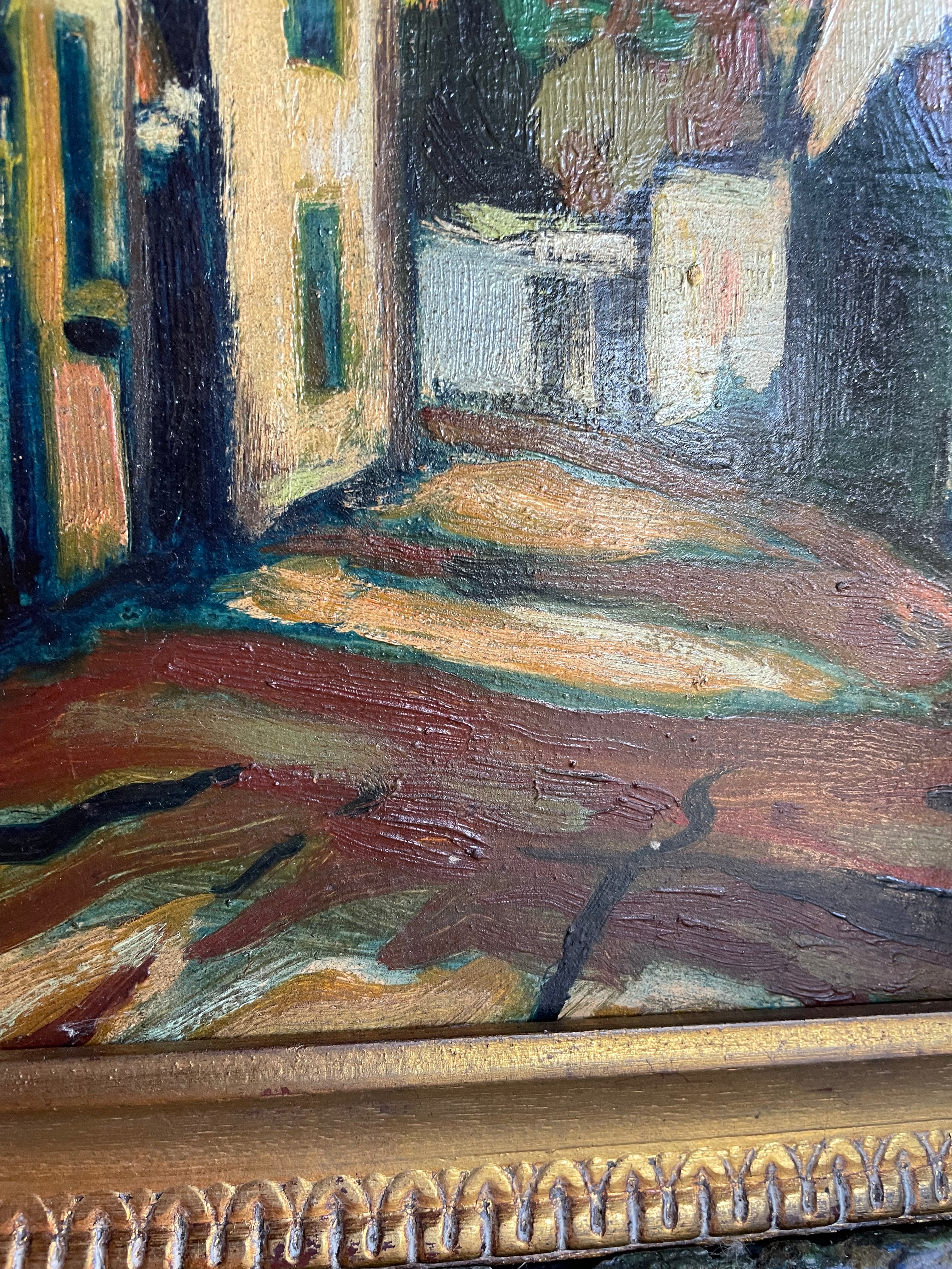 A Street Scene: French Expressionist Oil on Wood